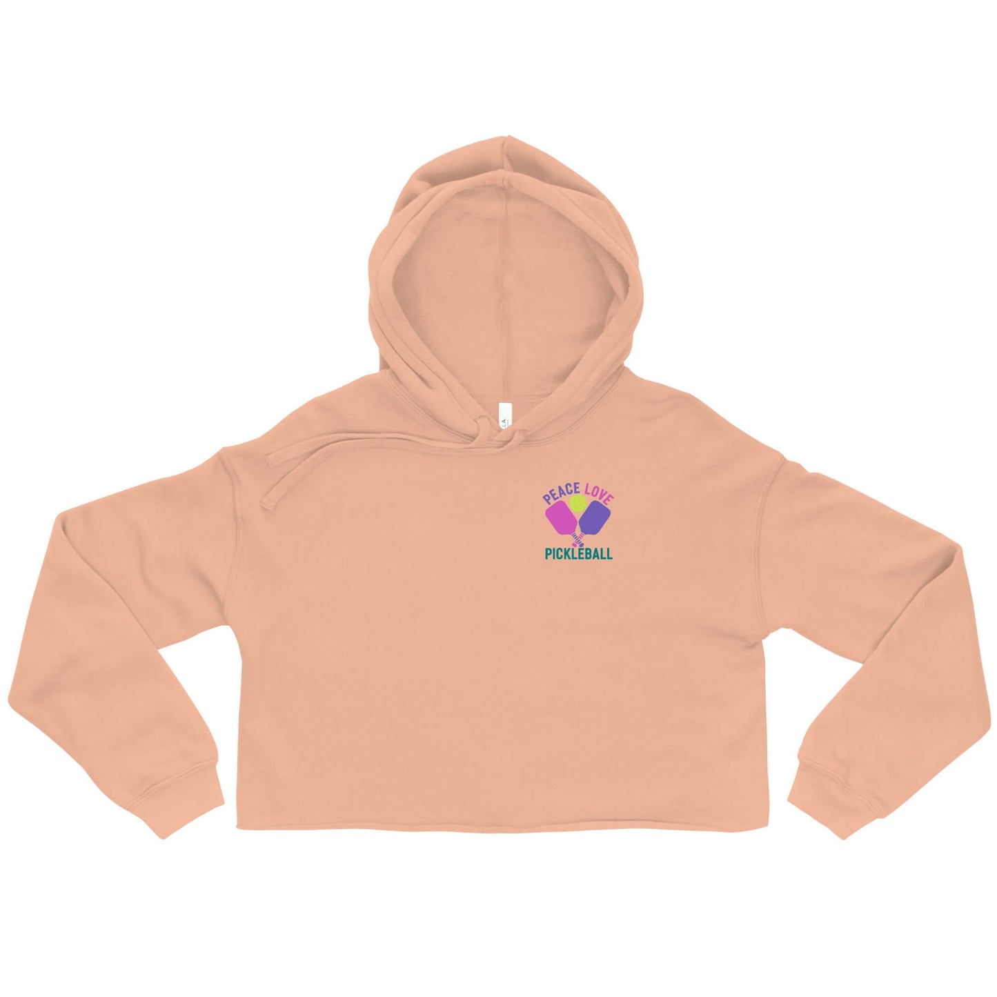 Women's Peace Love Pickleball Crop Hoodie in peach color with unique graphic design.
