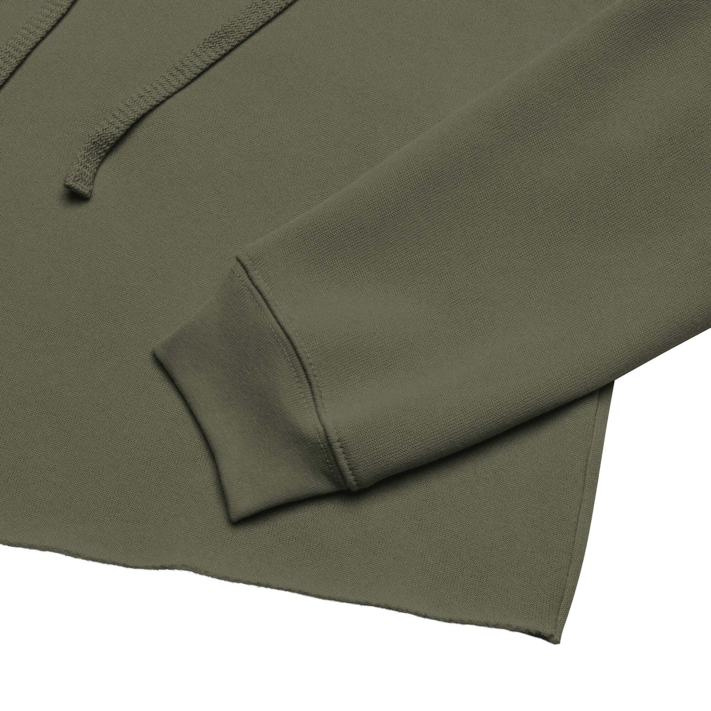 Close-up of the Women's Peace, Love, Pickleball Crop Hoodie showing the olive green fabric and sleeve detail.