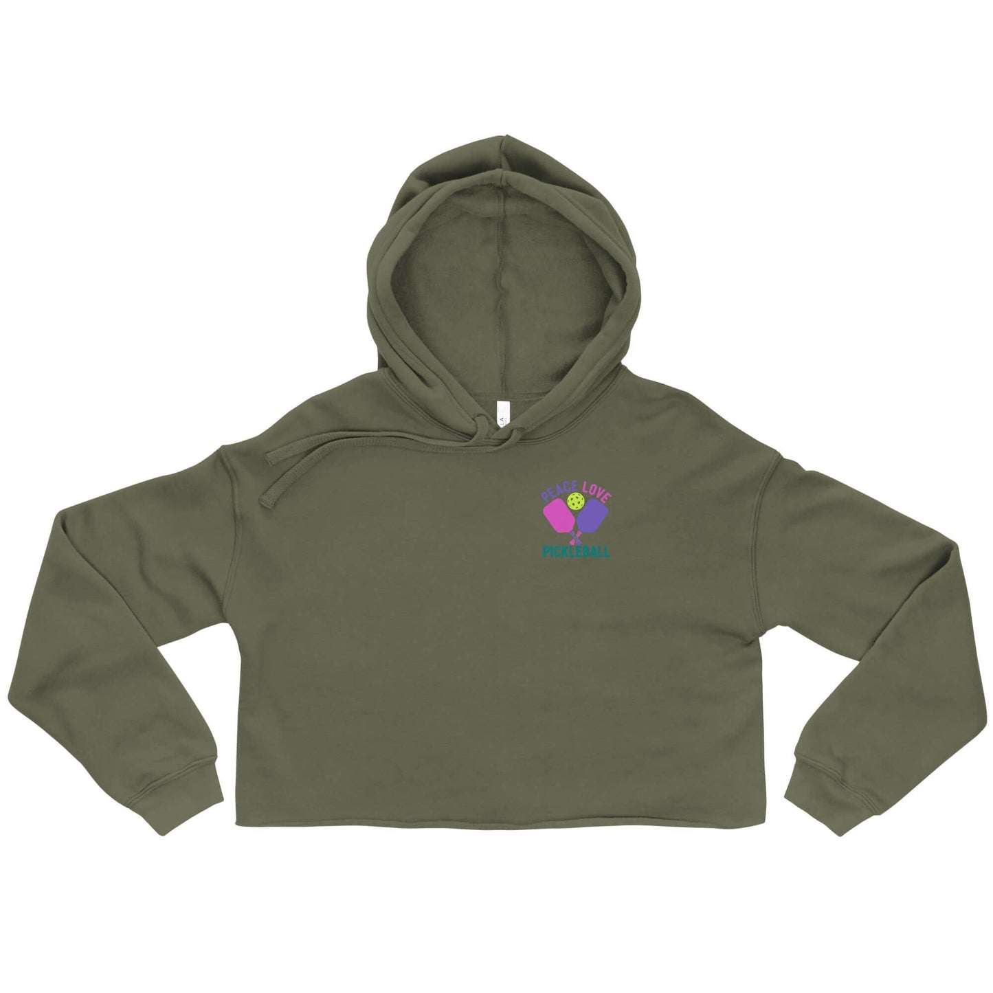 Olive green crop hoodie featuring 'Peace, Love, Pickleball' graphic, perfect for trendy pickleball players.
