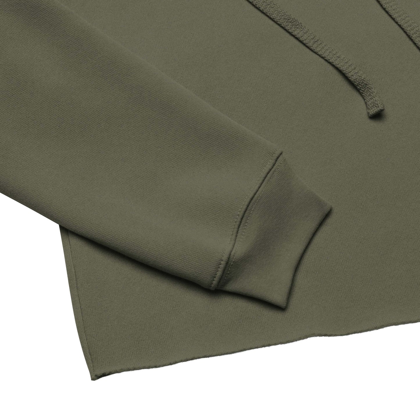 Close-up of Women's Peace, Love, Pickleball Crop Hoodie showing raw hem and drawstrings in olive green.