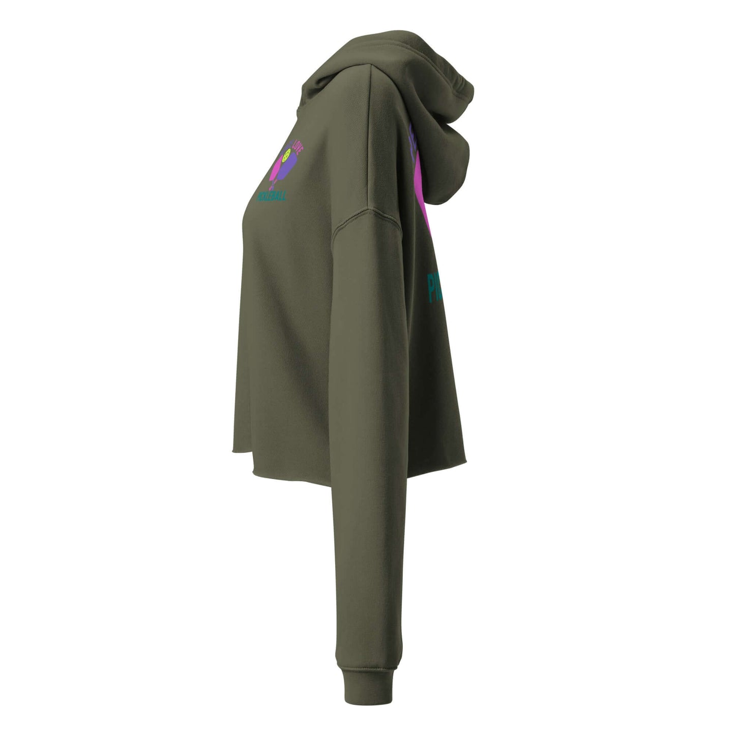 Women's crop hoodie featuring raw hem, dyed-to-match drawstrings, and stylish pickleball graphics in olive green.