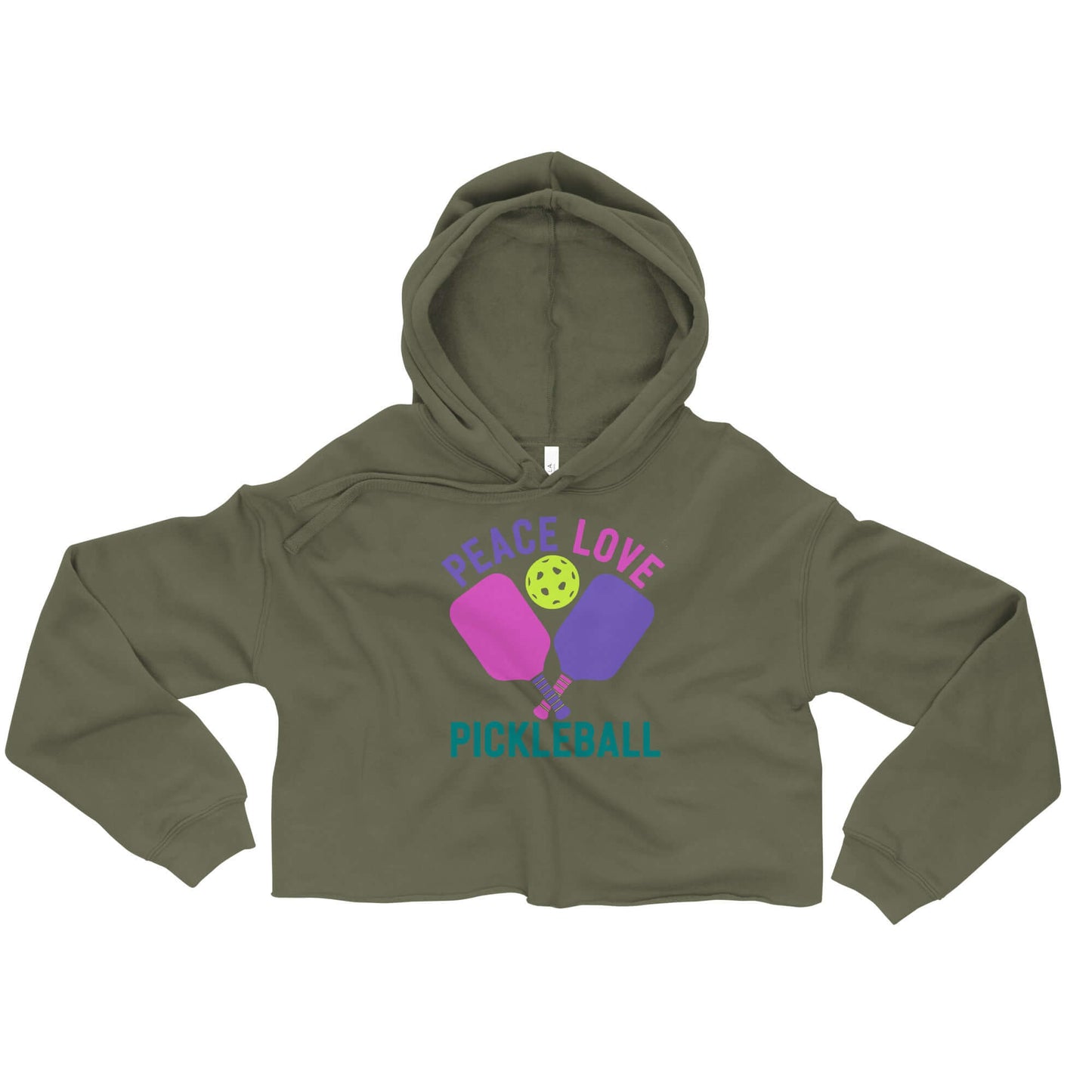 Women's olive green crop hoodie with 'Peace Love Pickleball' graphic, perfect for pickleball enthusiasts.