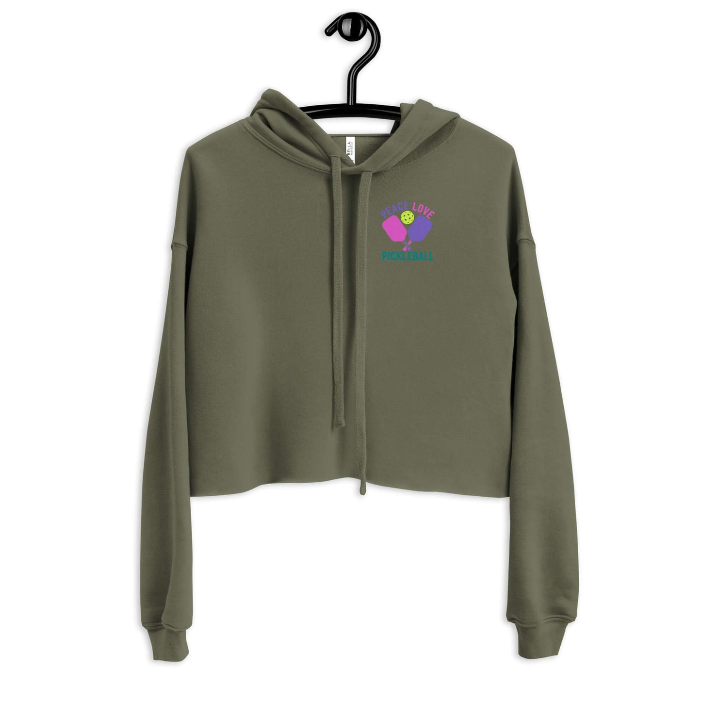 Olive green Women's Peace, Love, Pickleball crop hoodie on a hanger, featuring a trendy design and comfortable fit.