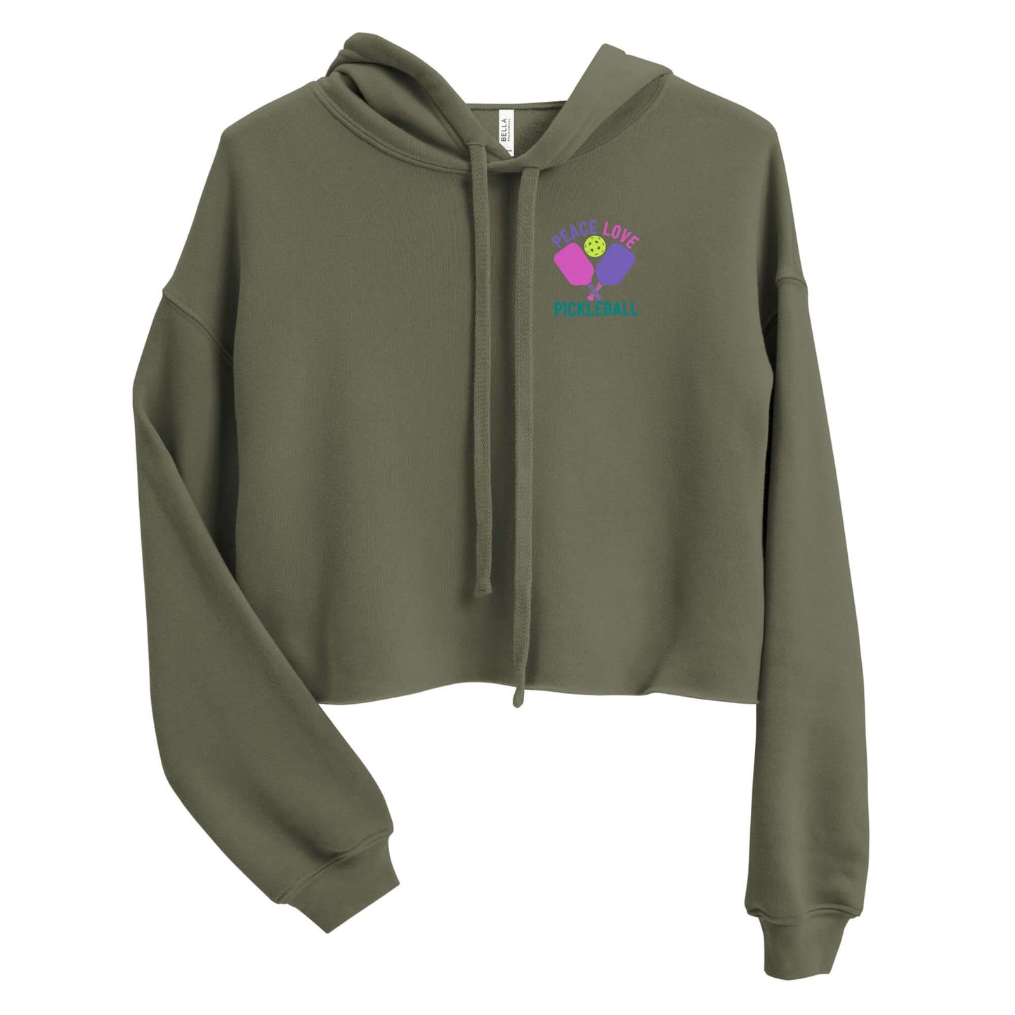 Women's Peace, Love, Pickleball crop hoodie in olive green with stylish design and cropped fit.