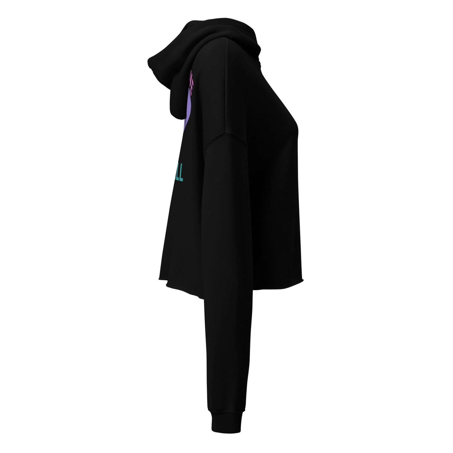 Women's black crop hoodie featuring 'Peace, Love, Pickleball' design, showcasing sporty style and comfort.