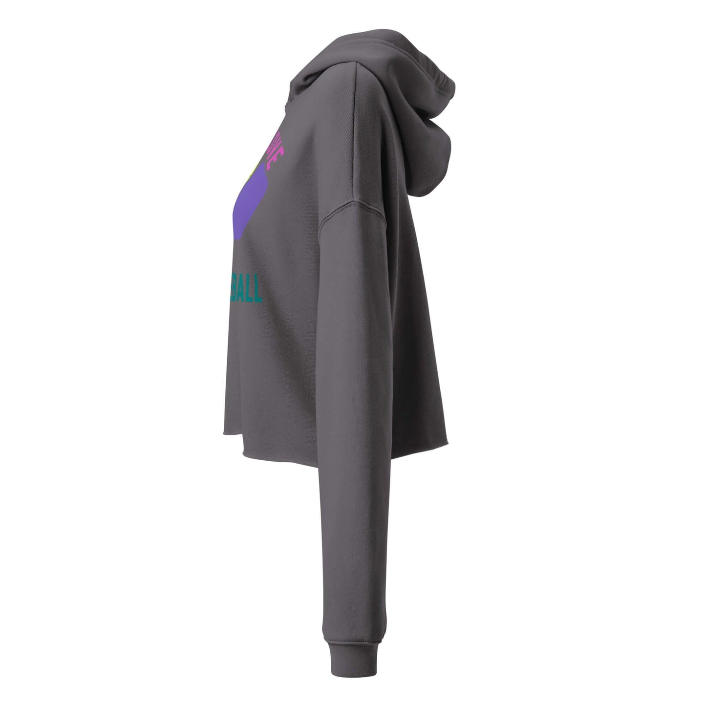 Side view of Women's Peace, Love, Pickleball Crop Hoodie in gray with colorful graphics.