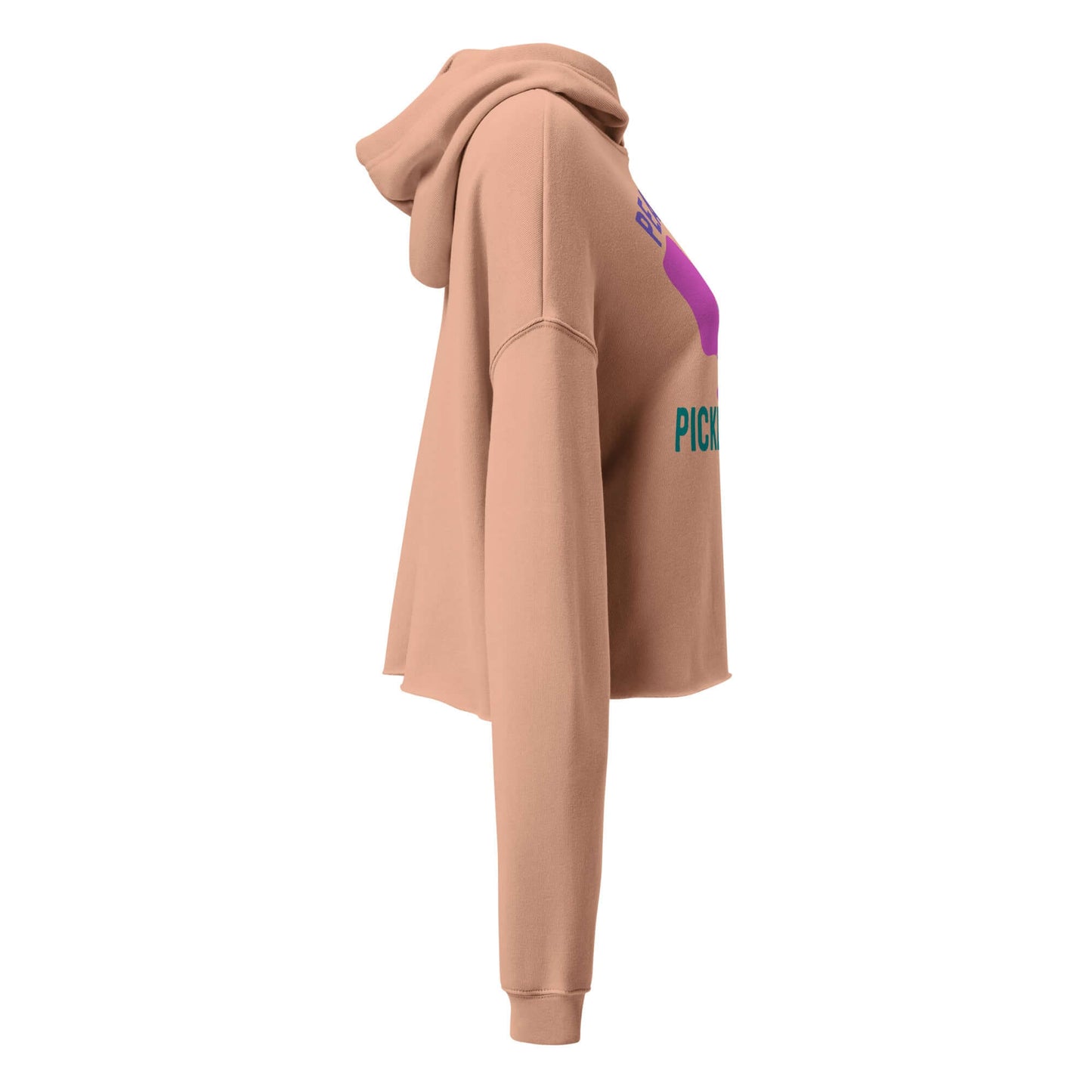 Women’s Peace, Love, Pickleball Crop Hoodie in tan, showcasing a stylish cropped fit and hood.