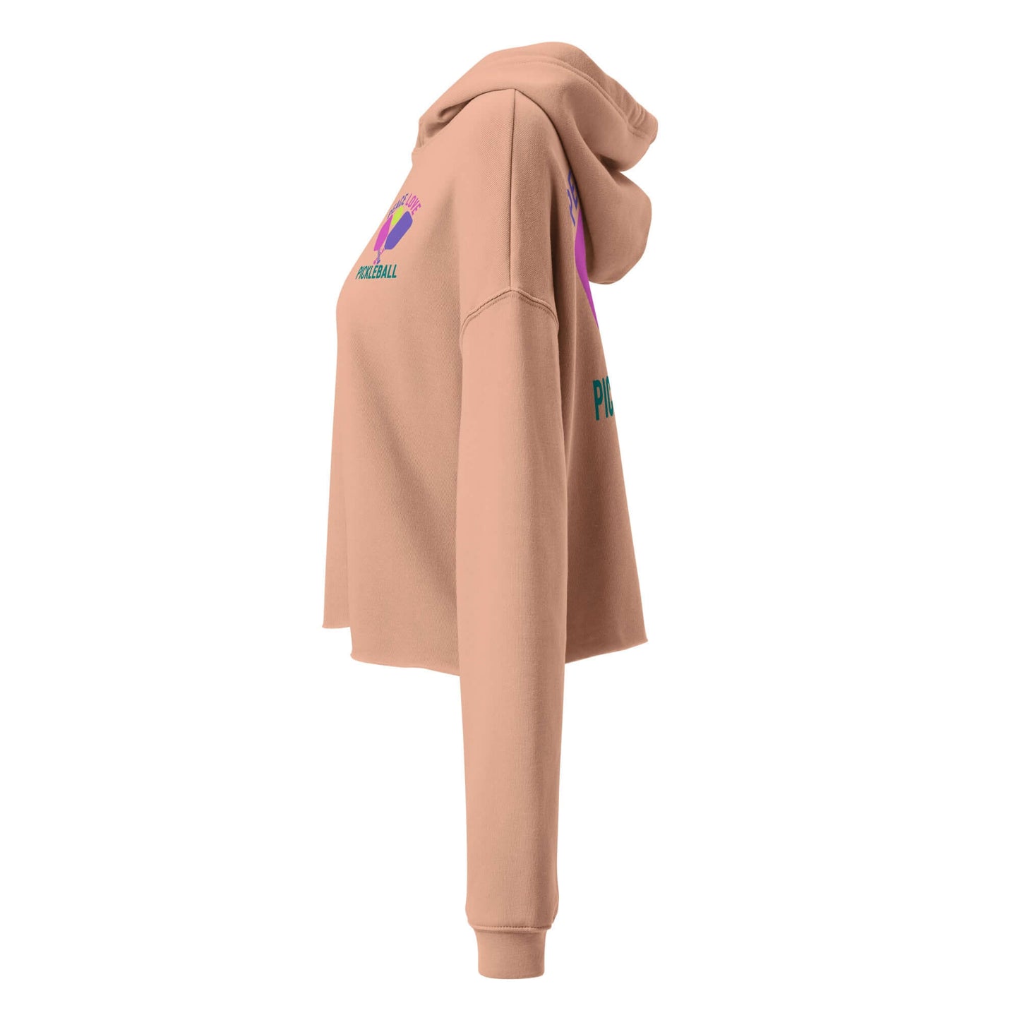 Women's crop hoodie featuring Peace, Love, Pickleball design on the side and stylish raw hem.