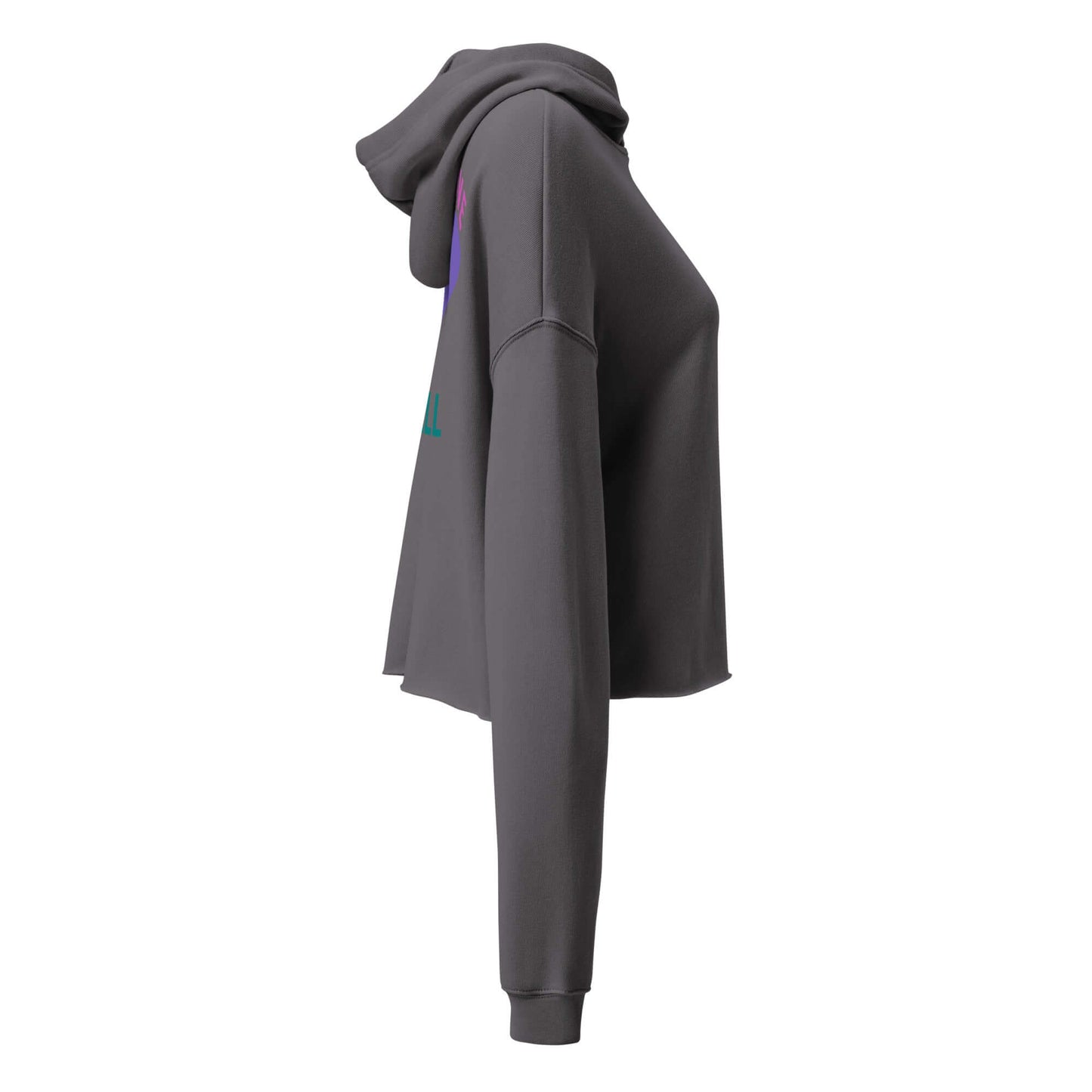 Side view of Women's Peace, Love, Pickleball Crop Hoodie in gray showcasing the trendy cropped fit and sporty design.