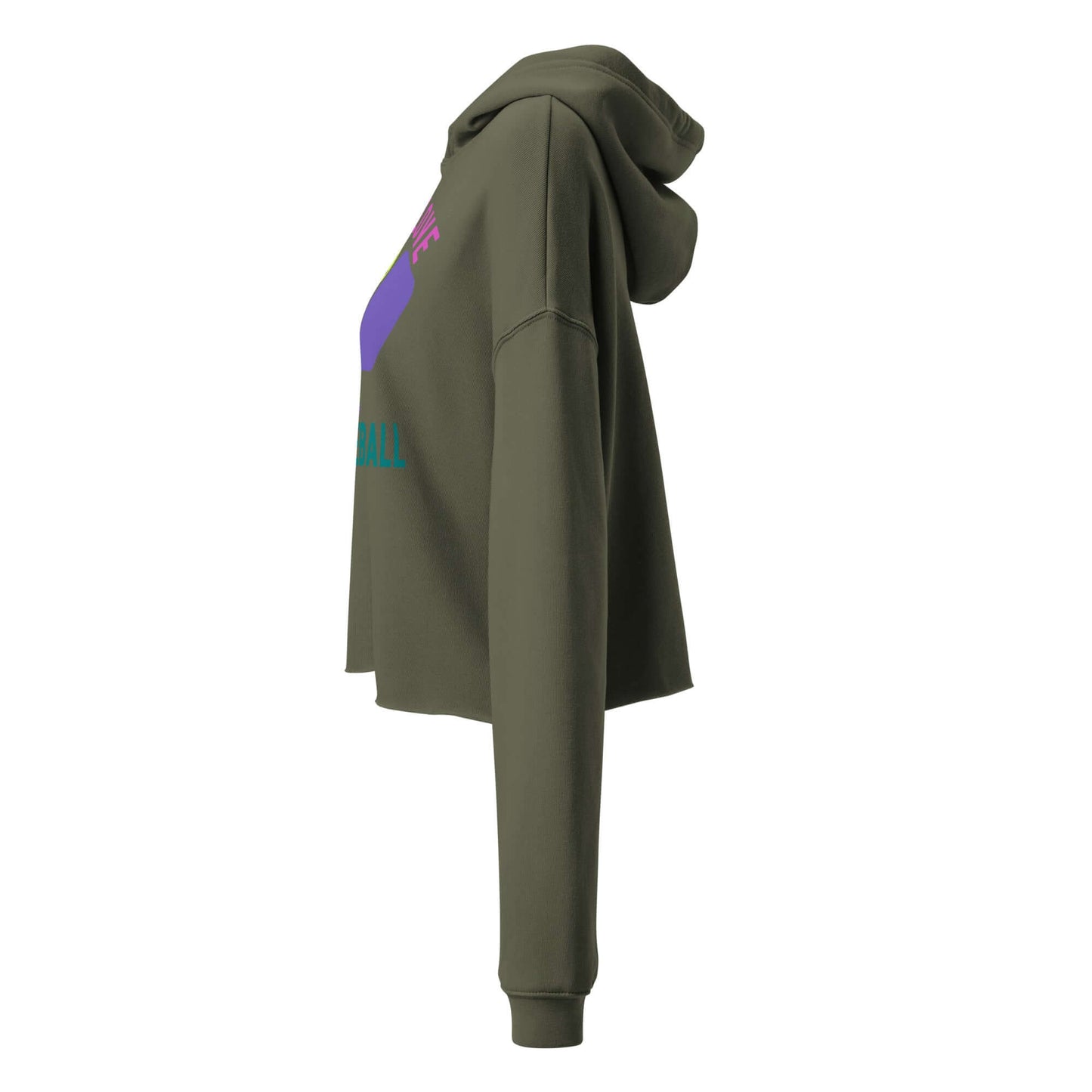 Women’s cropped hoodie in green with 'Peace, Love, Pickleball' graphic for stylish athletes.