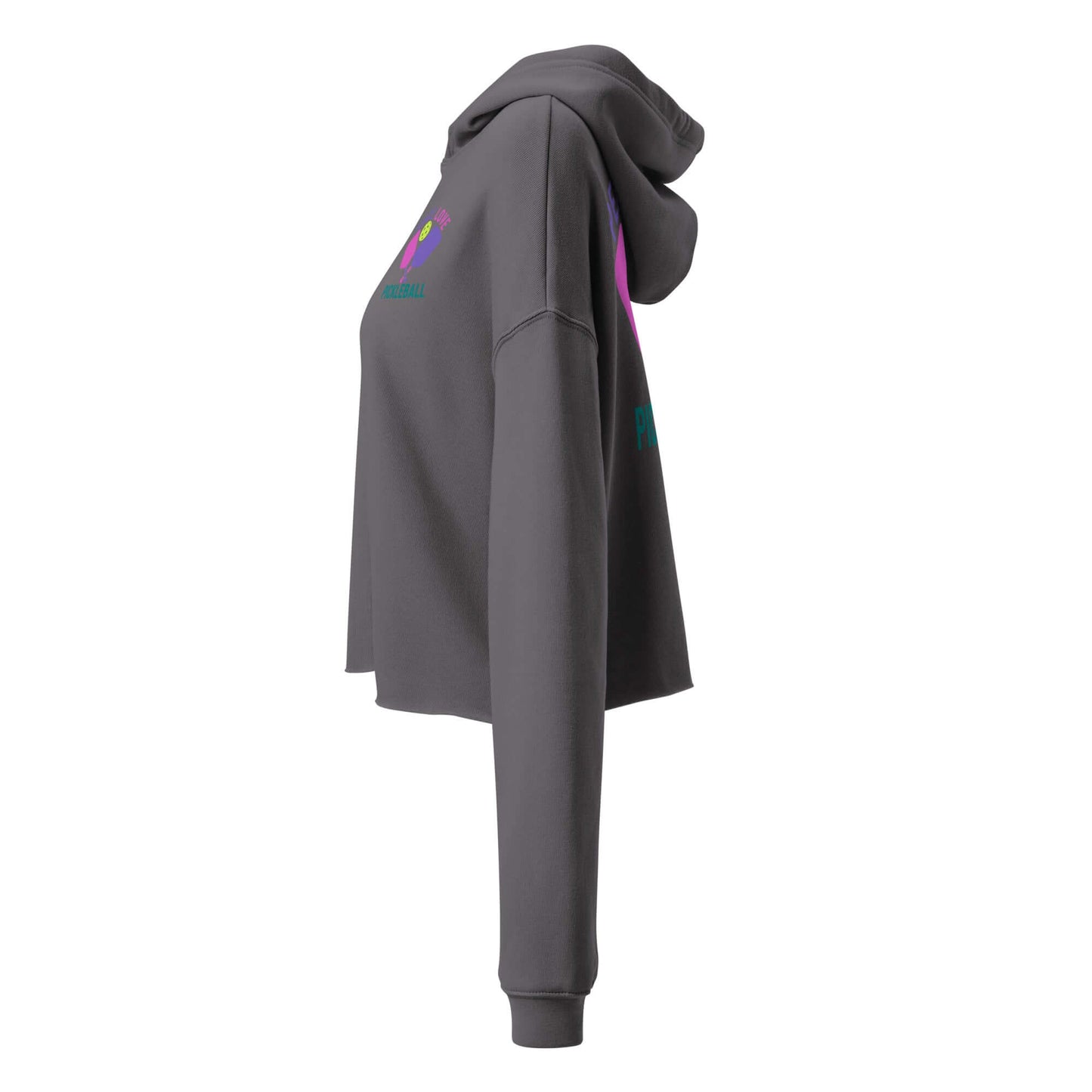 Side view of Women's Peace, Love, Pickleball Crop Hoodie in gray, featuring stylish design and cropped fit.