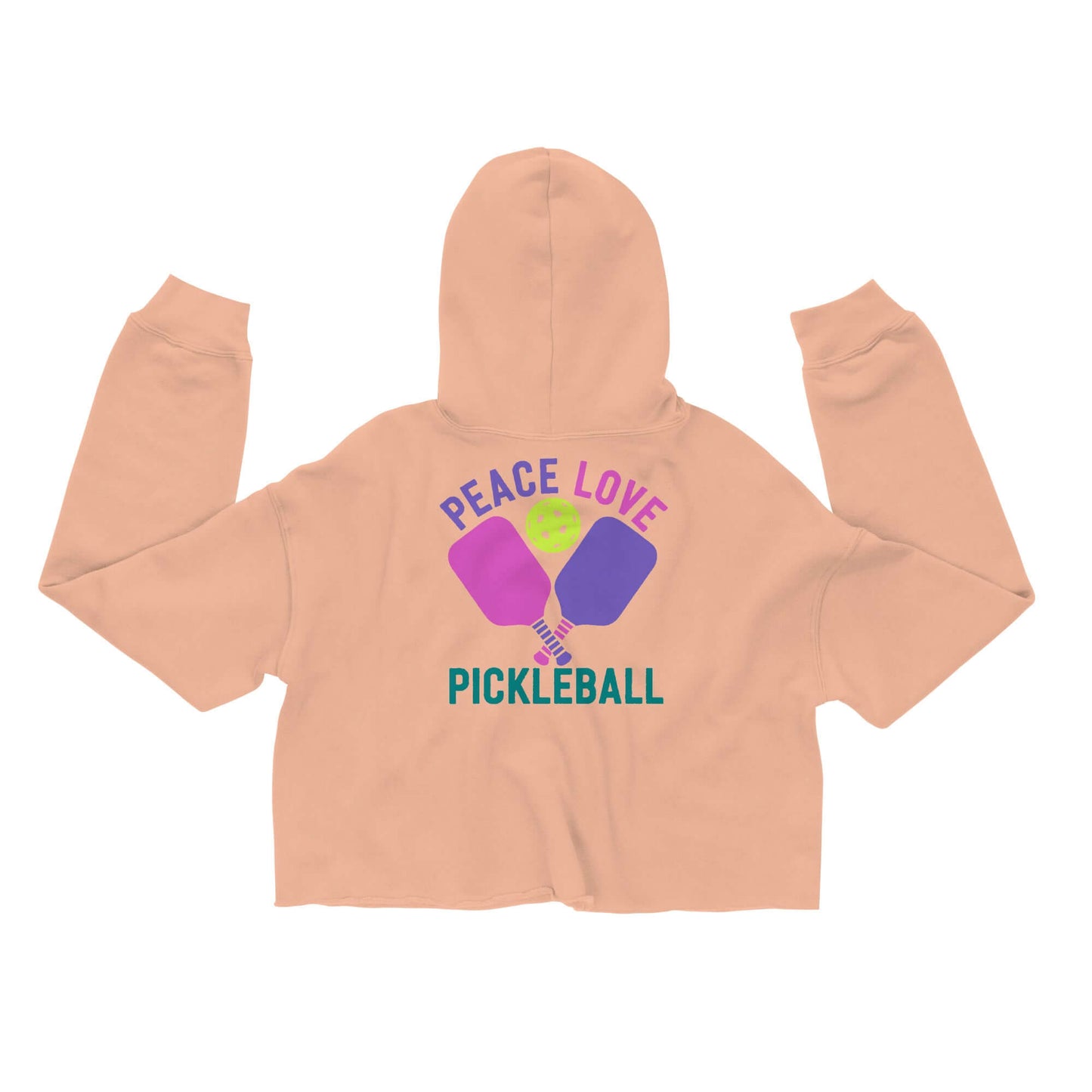 Women's crop hoodie with 'Peace Love Pickleball' print and vibrant paddles design, perfect for sporty style.