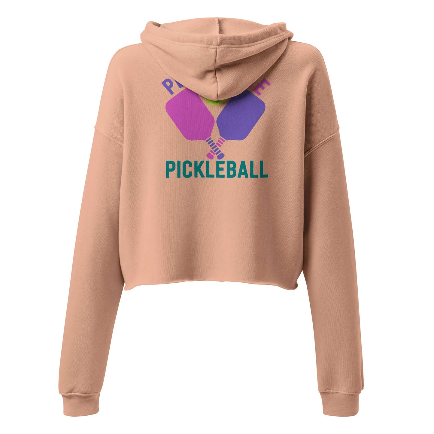 Back view of Women's Peace, Love, Pickleball Crop Hoodie in beige with colorful pickleball graphic.