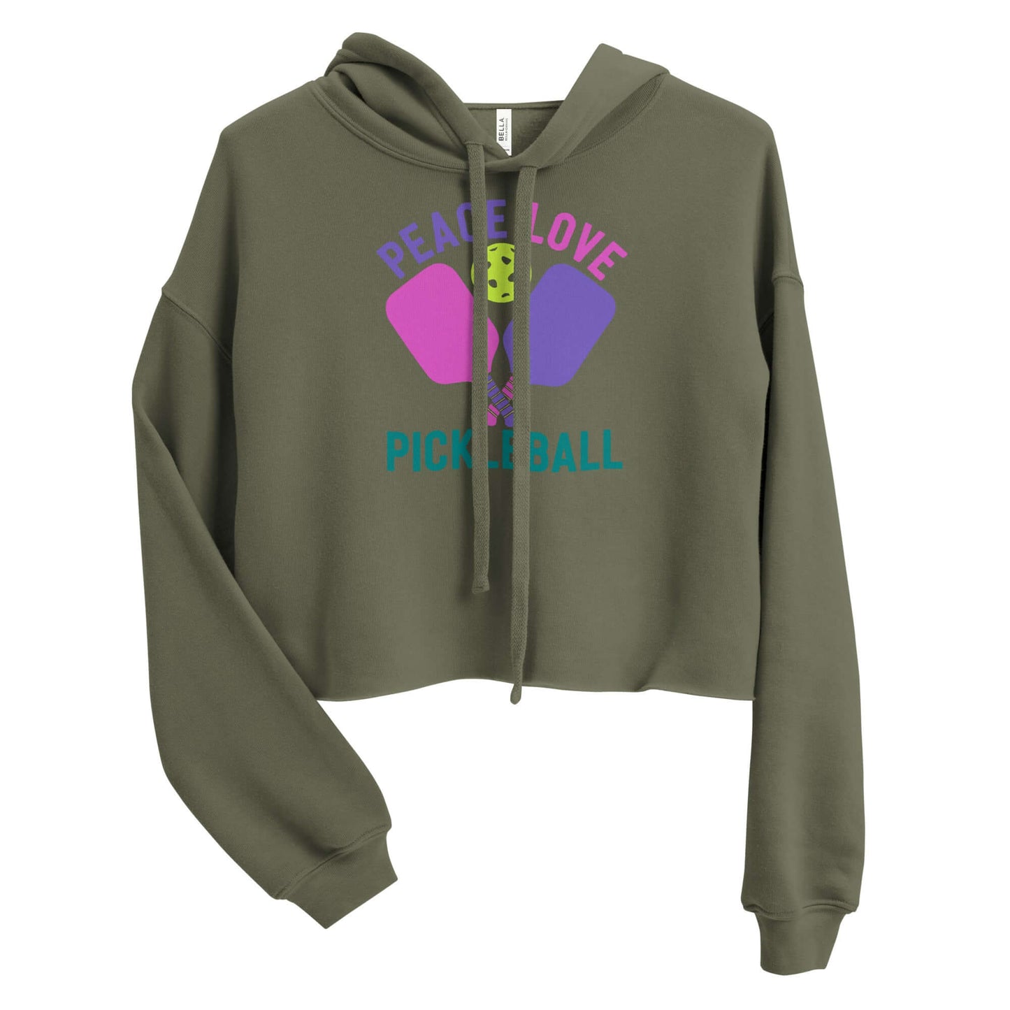 Women's cropped hoodie in olive green with 'Peace Love Pickleball' graphic design.
