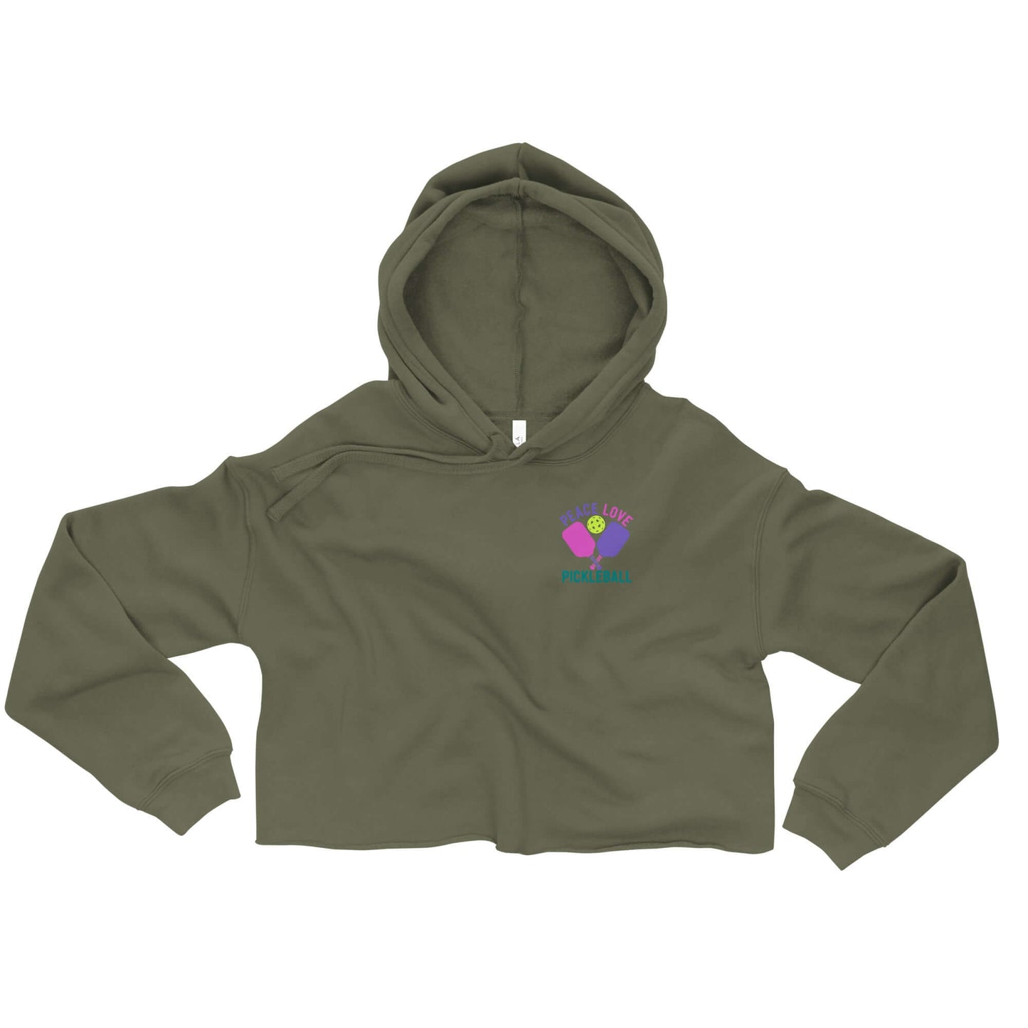 Women's olive green crop hoodie with 'Peace Love Pickleball' design, perfect for stylish pickleball players.