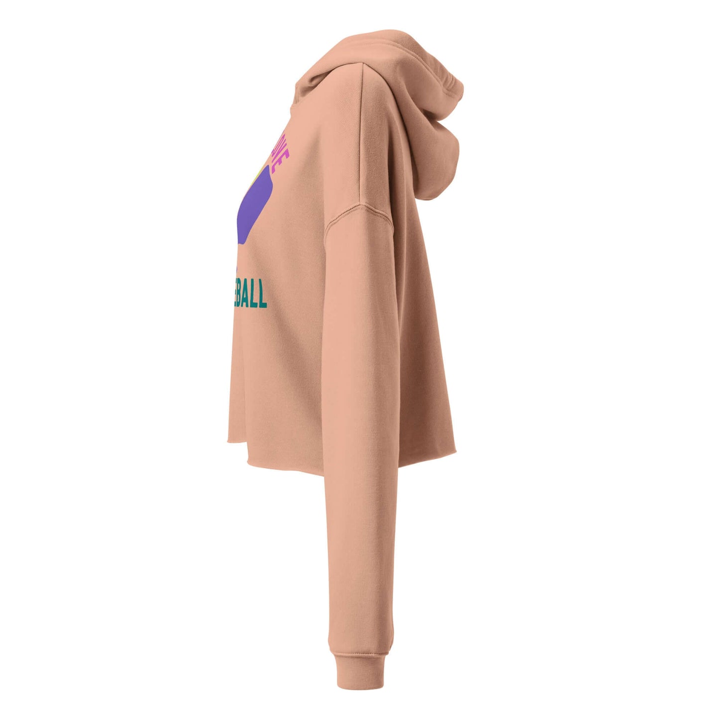 Side view of Women's Peace, Love, Pickleball Crop Hoodie in peach color with trendy graphics.