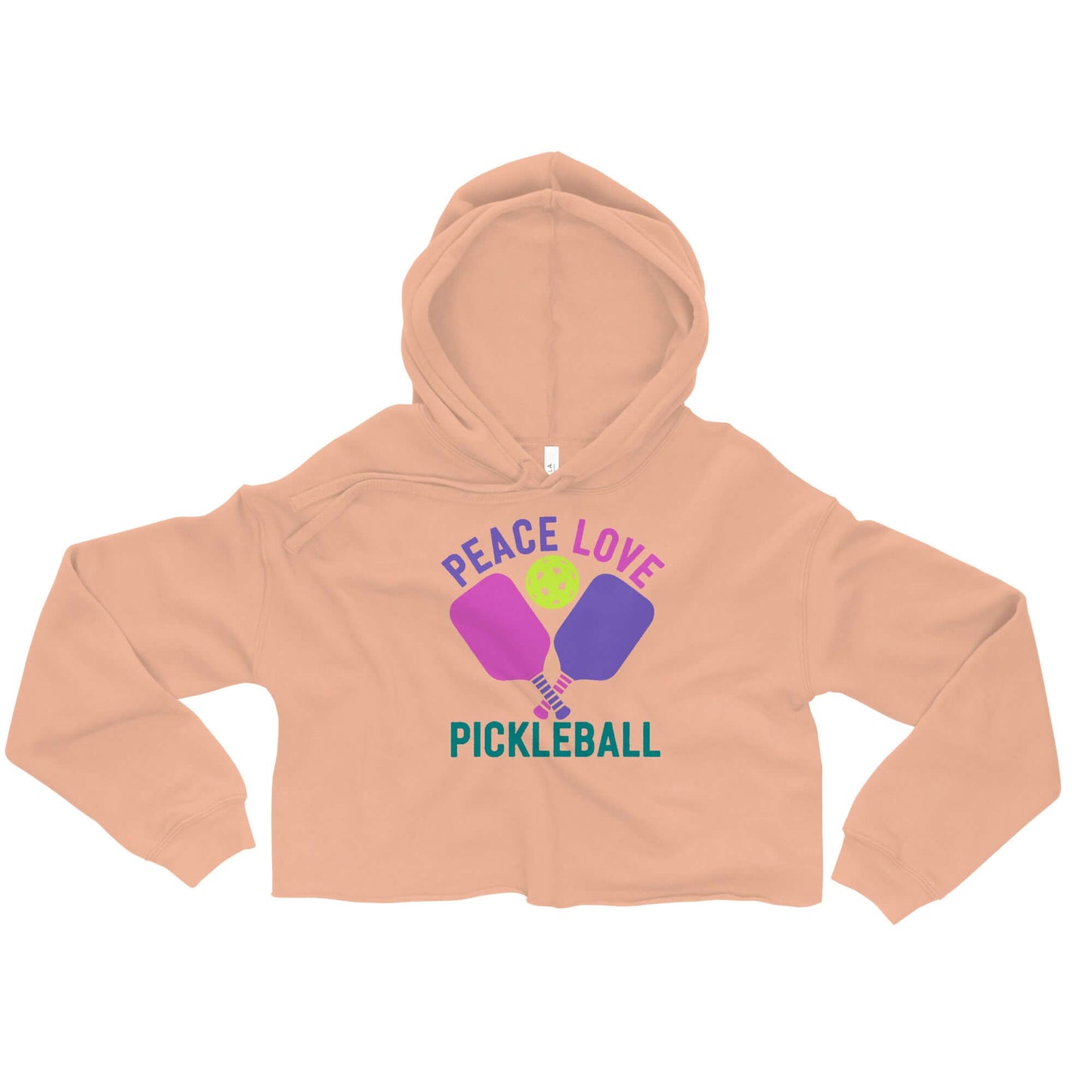 Women's cropped hoodie with 'Peace Love Pickleball' graphic, perfect for stylish pickleball players.