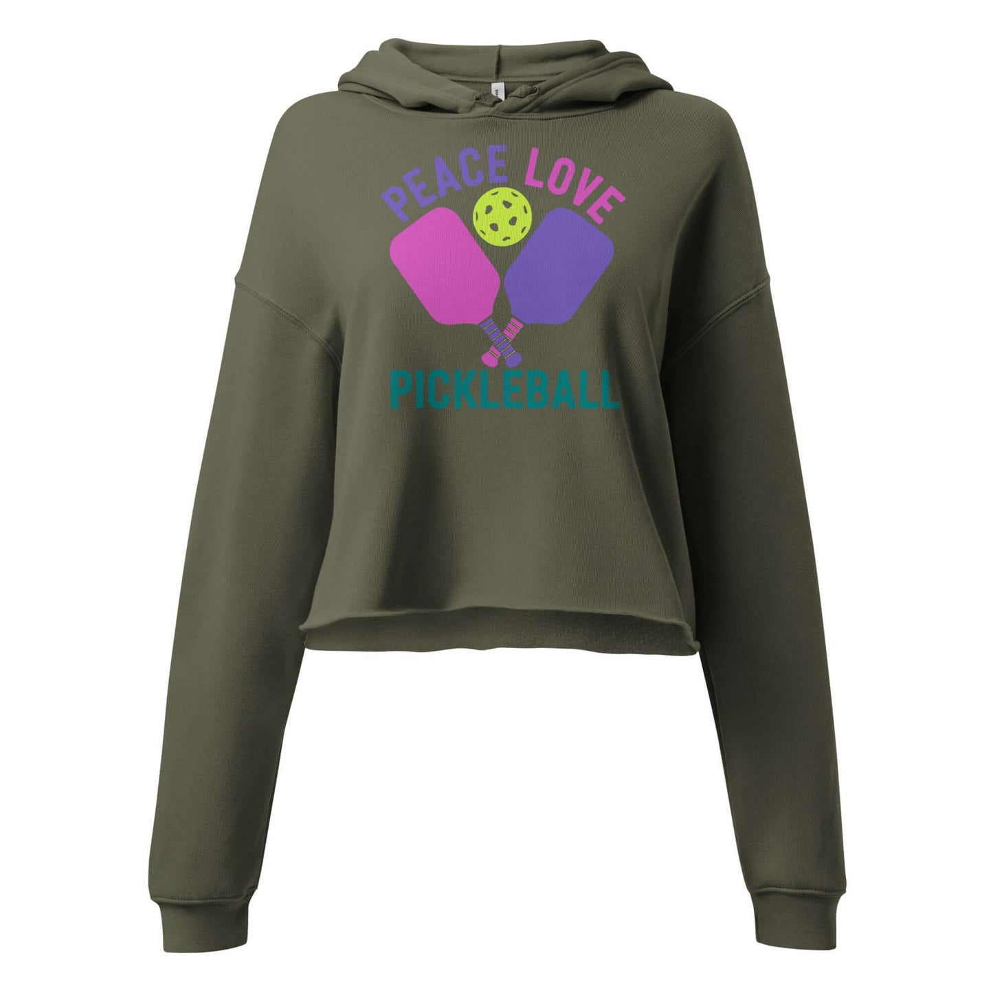 Women's olive crop hoodie with 'Peace Love Pickleball' graphic design, perfect for stylish pickleball players.