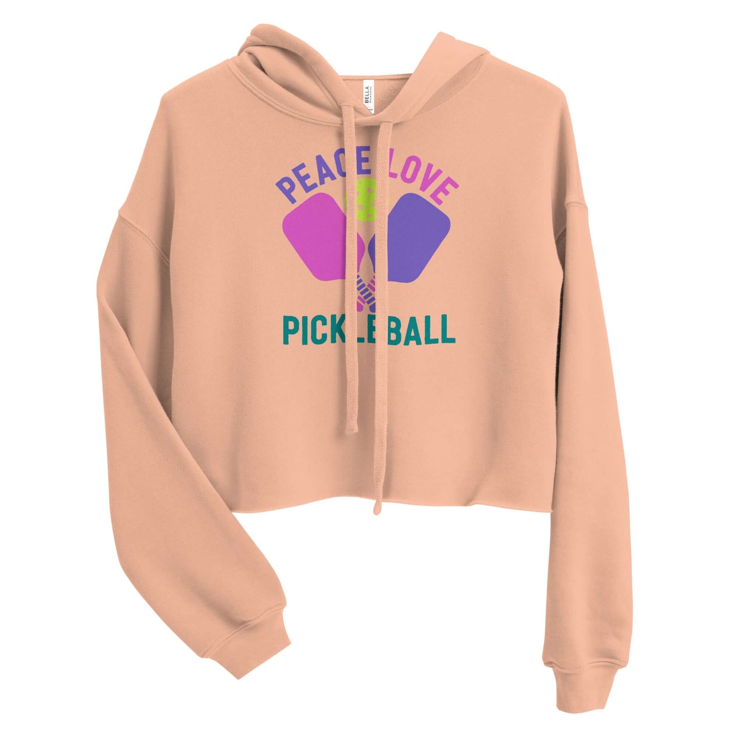 Women's cropped hoodie with 'Peace Love Pickleball' graphic, perfect for stylish pickleball players.
