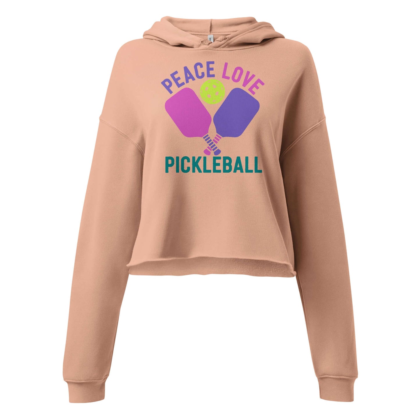 Women’s cropped hoodie in beige with colorful 'Peace Love Pickleball' graphic, perfect for sporty style.
