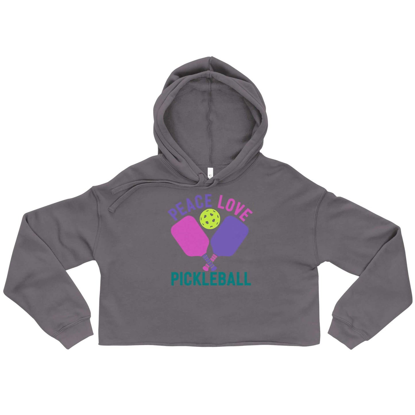 Women's grey crop hoodie with 'Peace Love Pickleball' graphic design featuring paddles and a pickleball.