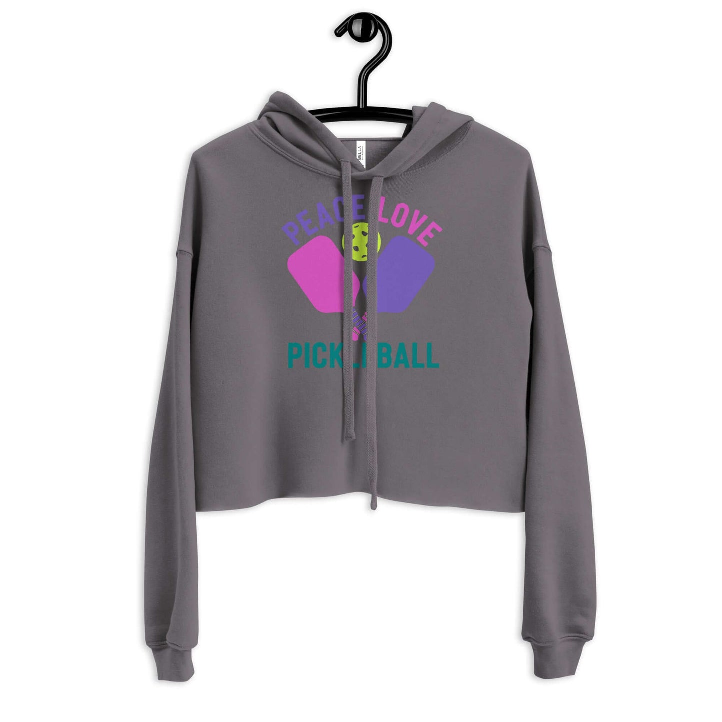 Women's Peace, Love, Pickleball crop hoodie in grey with colorful graphic design.