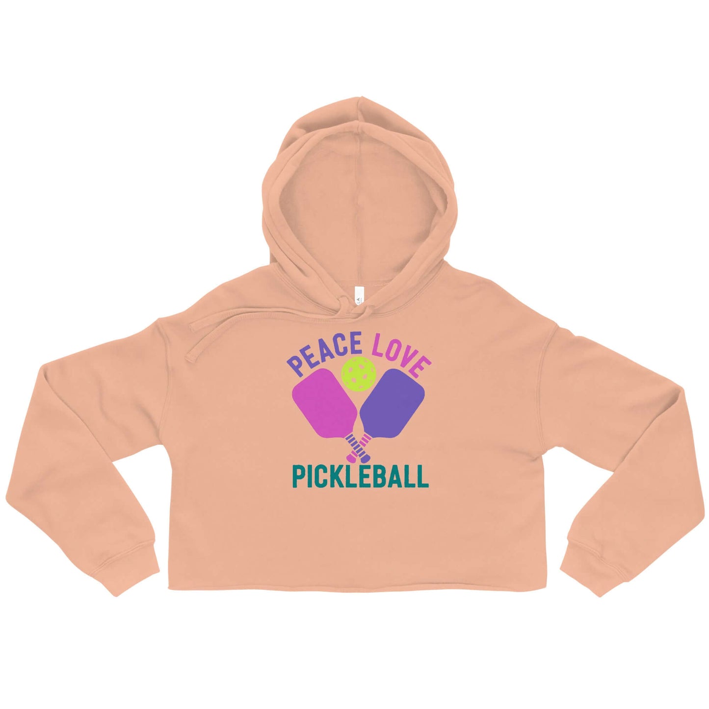 Women’s Peace, Love, Pickleball Crop Hoodie in soft pink with graphic design and cozy fit for stylish players.