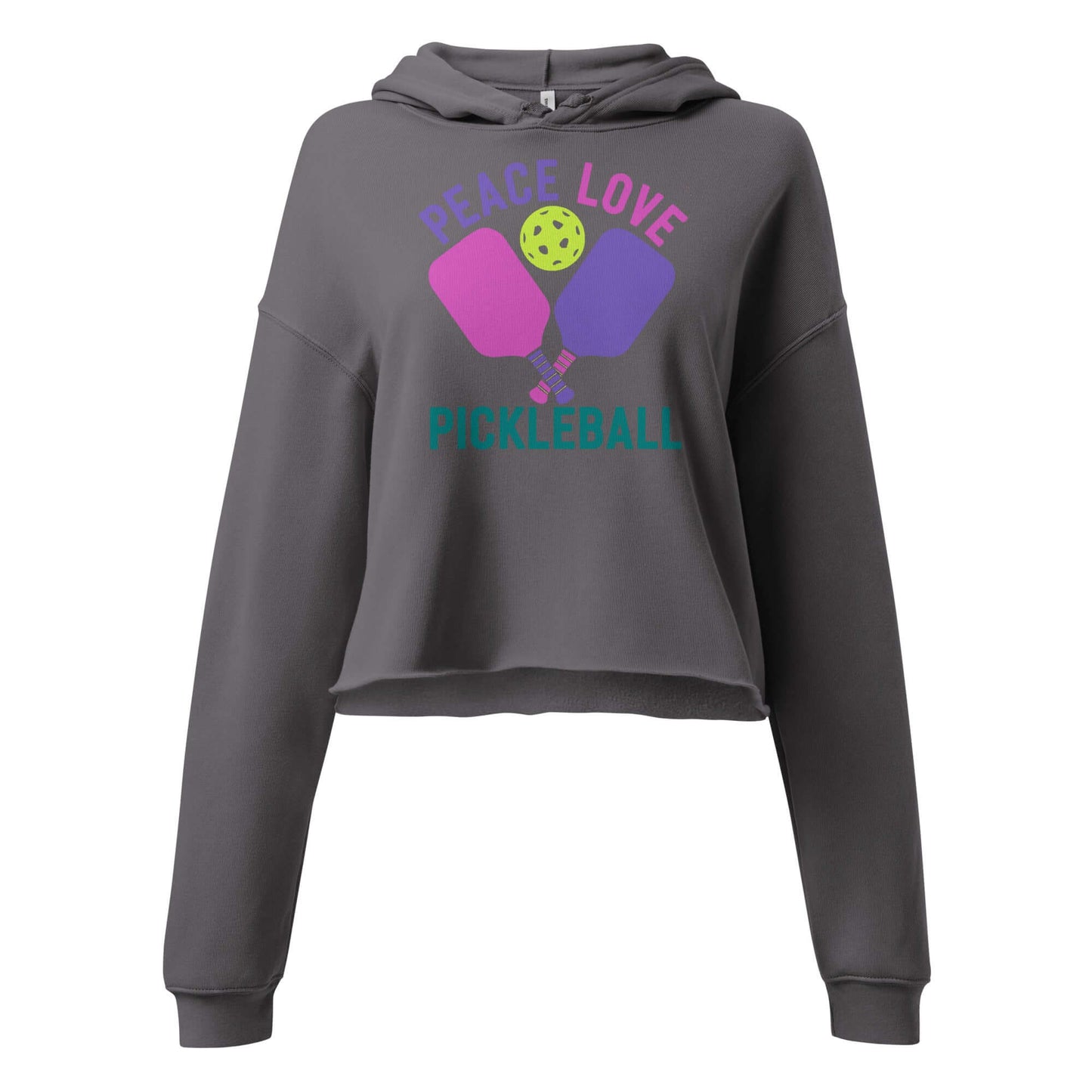 Women's cropped hoodie with 'Peace Love Pickleball' graphic in purple and green, perfect for pickleball enthusiasts.