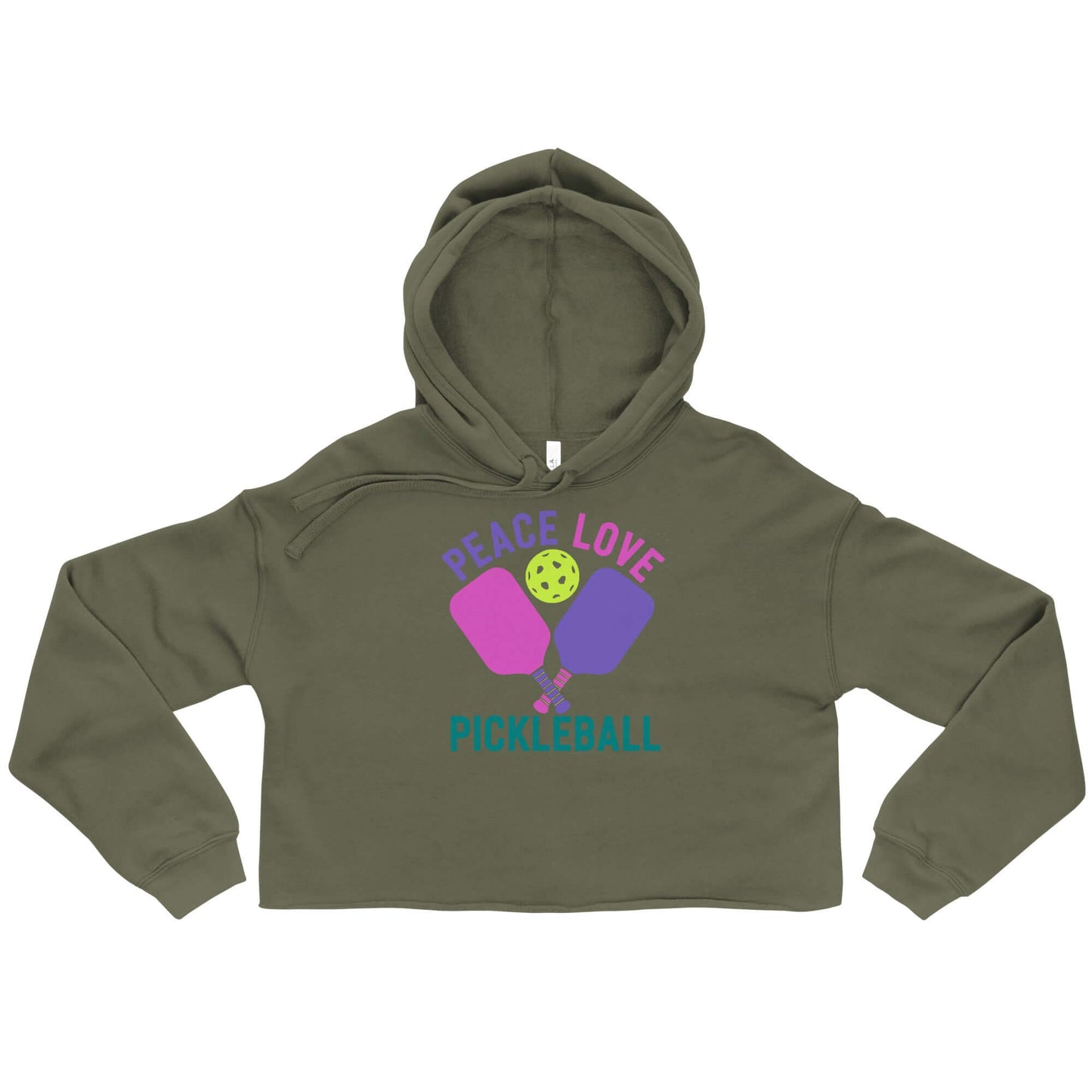 Women's olive crop hoodie featuring 'Peace Love Pickleball' graphic design with paddles and ball.