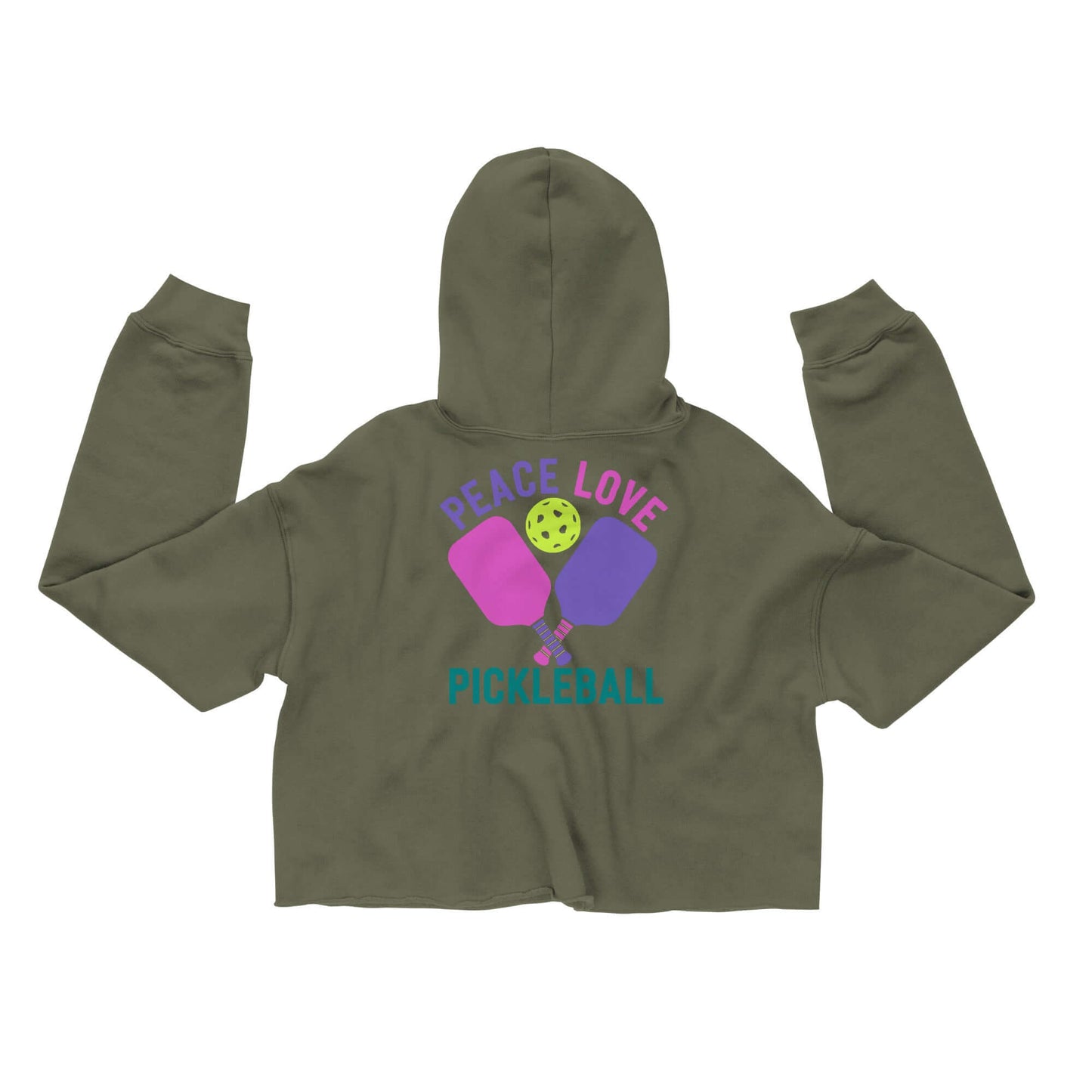 Back view of Women's Peace, Love, Pickleball Crop Hoodie in olive green, featuring colorful pickleball graphic.
