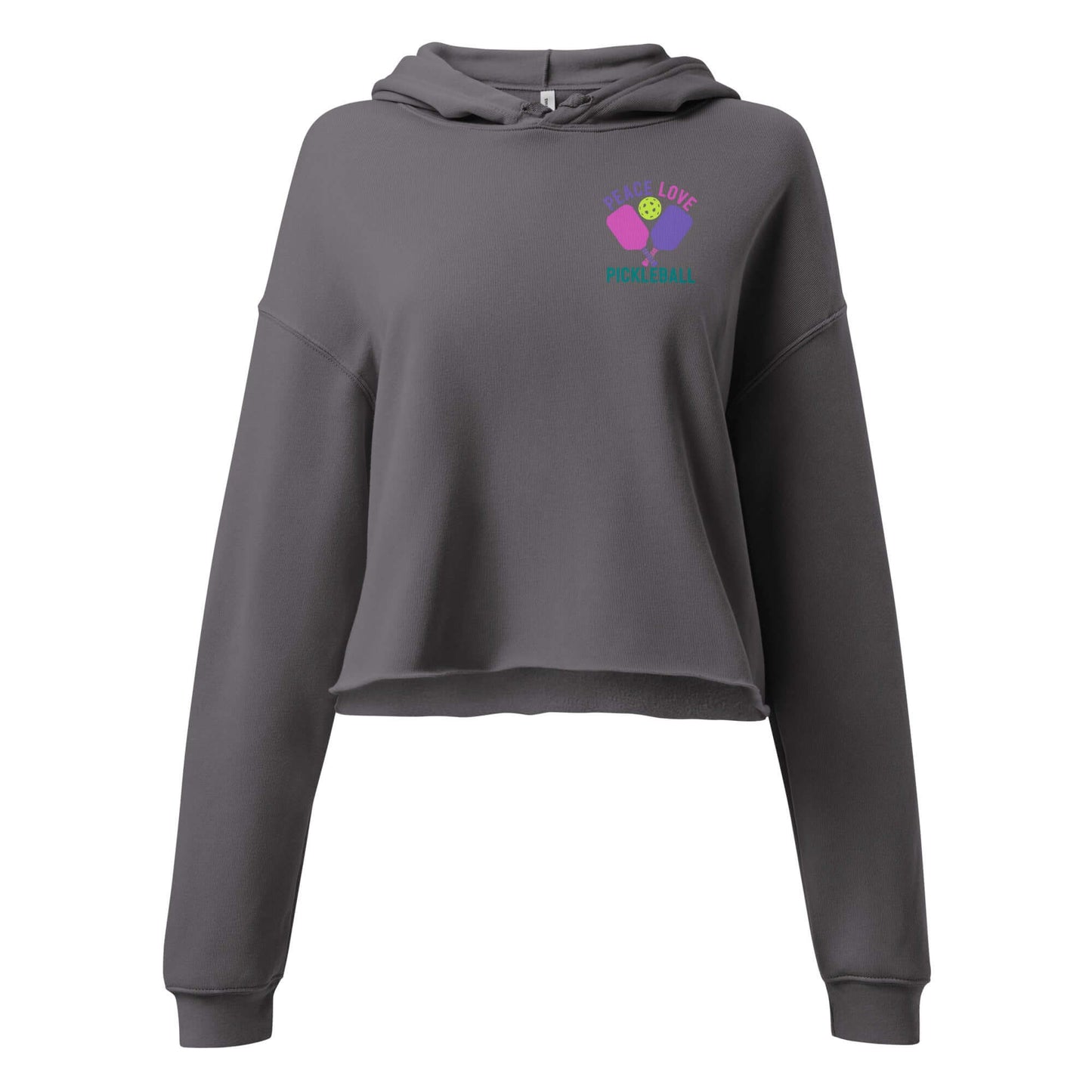 Women's Peace, Love, Pickleball Crop Hoodie in gray with colorful graphic for sporty style.