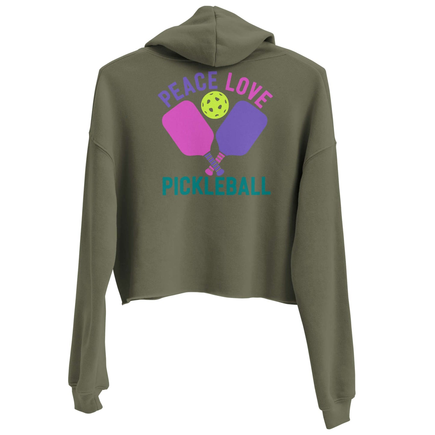 Women's cropped hoodie featuring 'Peace Love Pickleball' design with paddles and ball on khaki background.