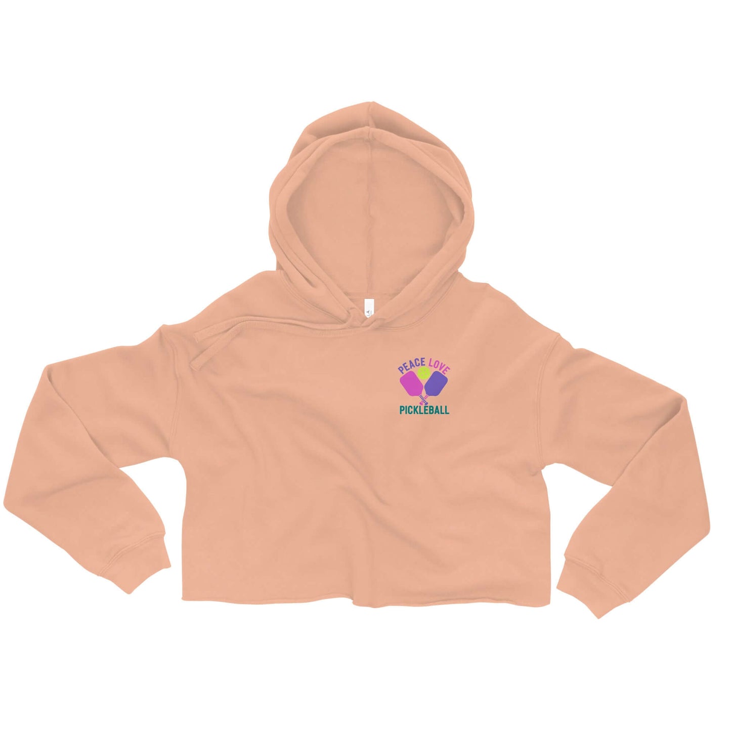 Women's Peace Love Pickleball Crop Hoodie in peach color with a stylish design and raw hem.
