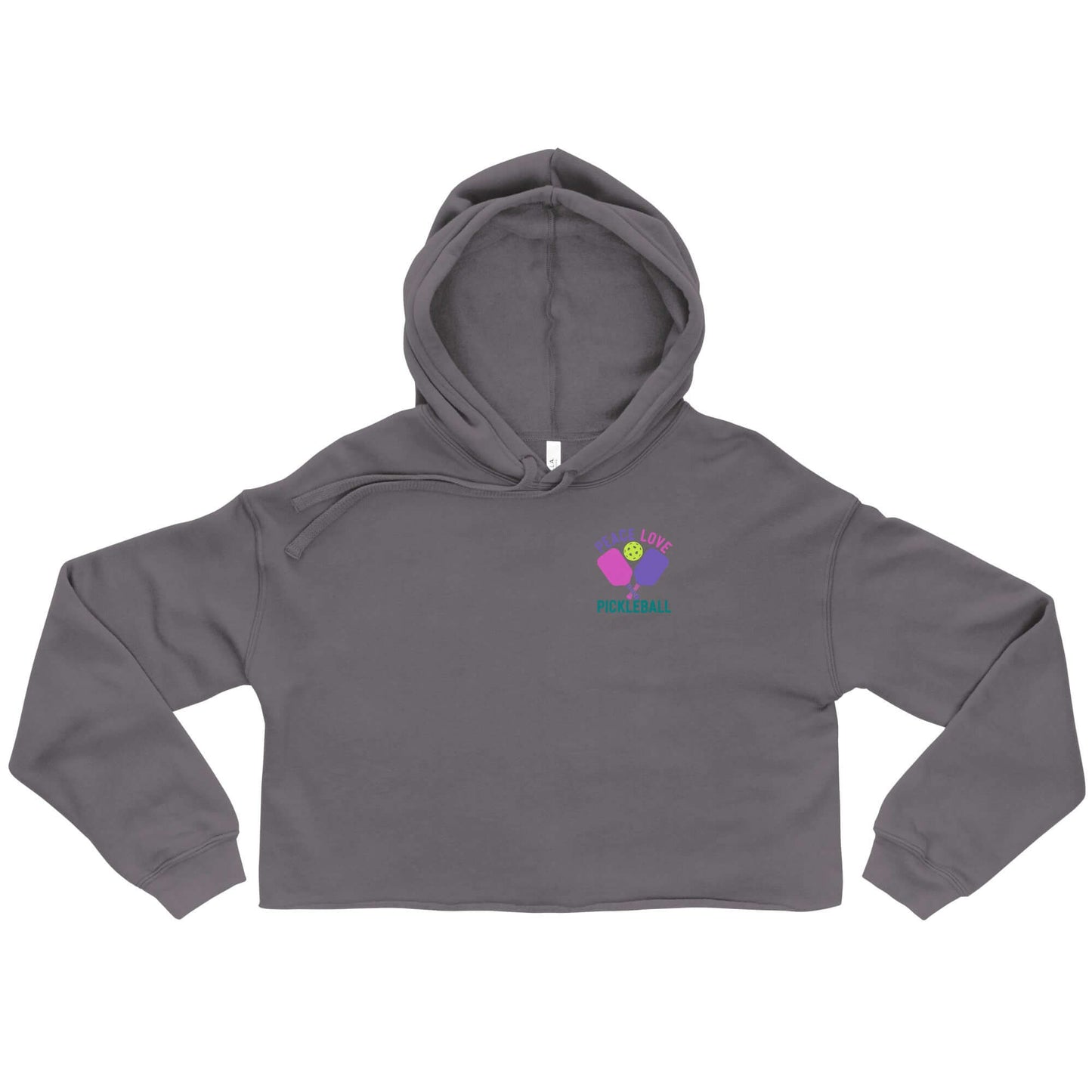 Women's Peace, Love, Pickleball crop hoodie in gray with purple graphic and drawstrings.