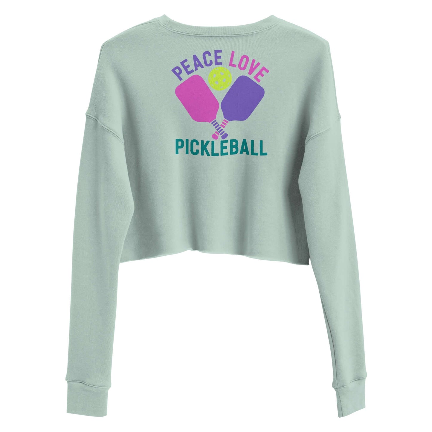 Women's cropped sweatshirt featuring 'Peace Love Pickleball' graphic in pastel colors.