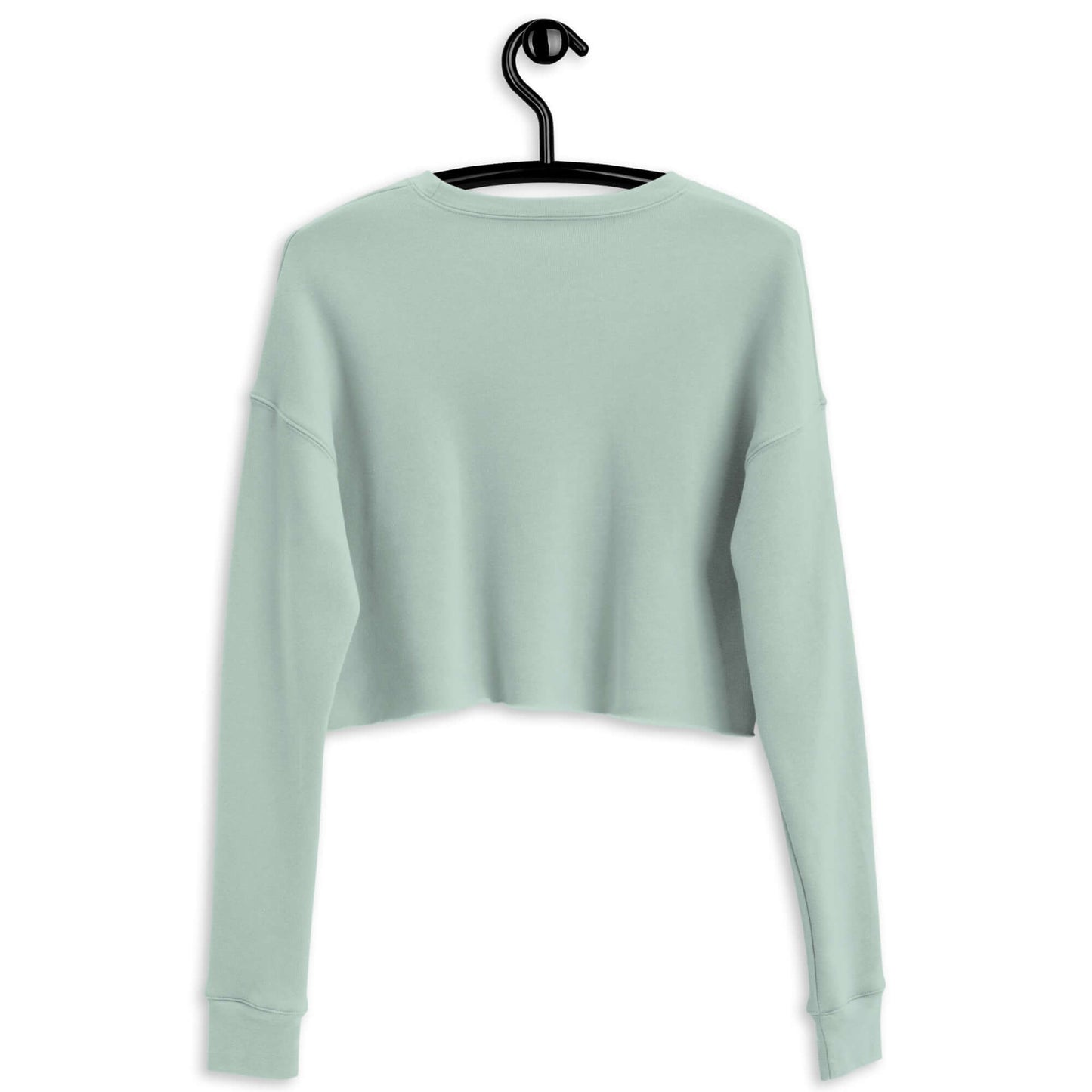 Back view of women's cropped sweatshirt in mint green on hanger, perfect for pickleball enthusiasts.