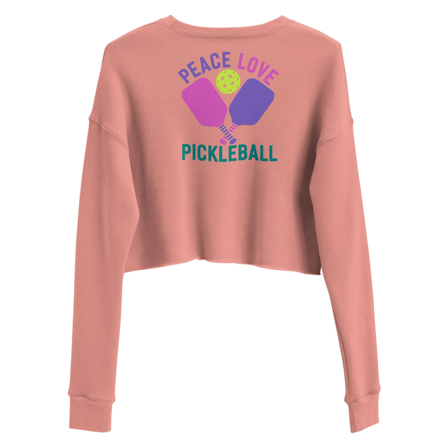 Women’s Peace Love Pickleball crop sweatshirt in pink, featuring pickleball paddles and slogan design.