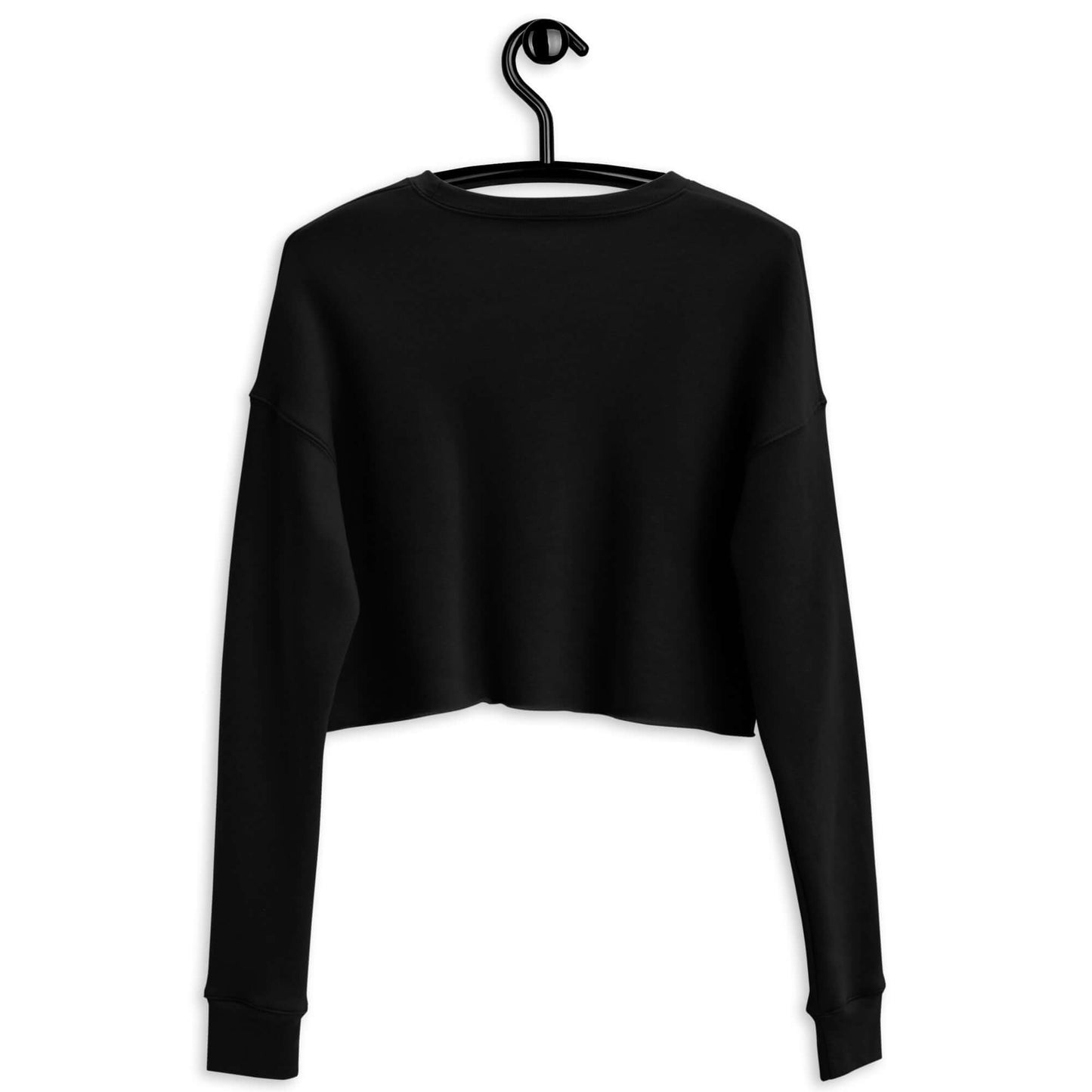 Back view of a Women's Peace, Love, Pickleball Crop Sweatshirt hanging on a hook.