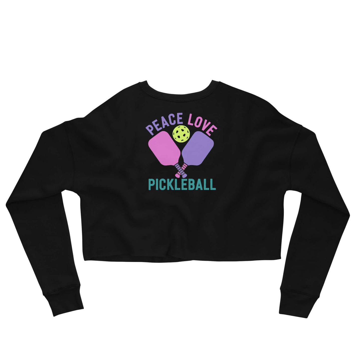 Women's black crop sweatshirt featuring 'Peace Love Pickleball' graphic design with paddles and ball.
