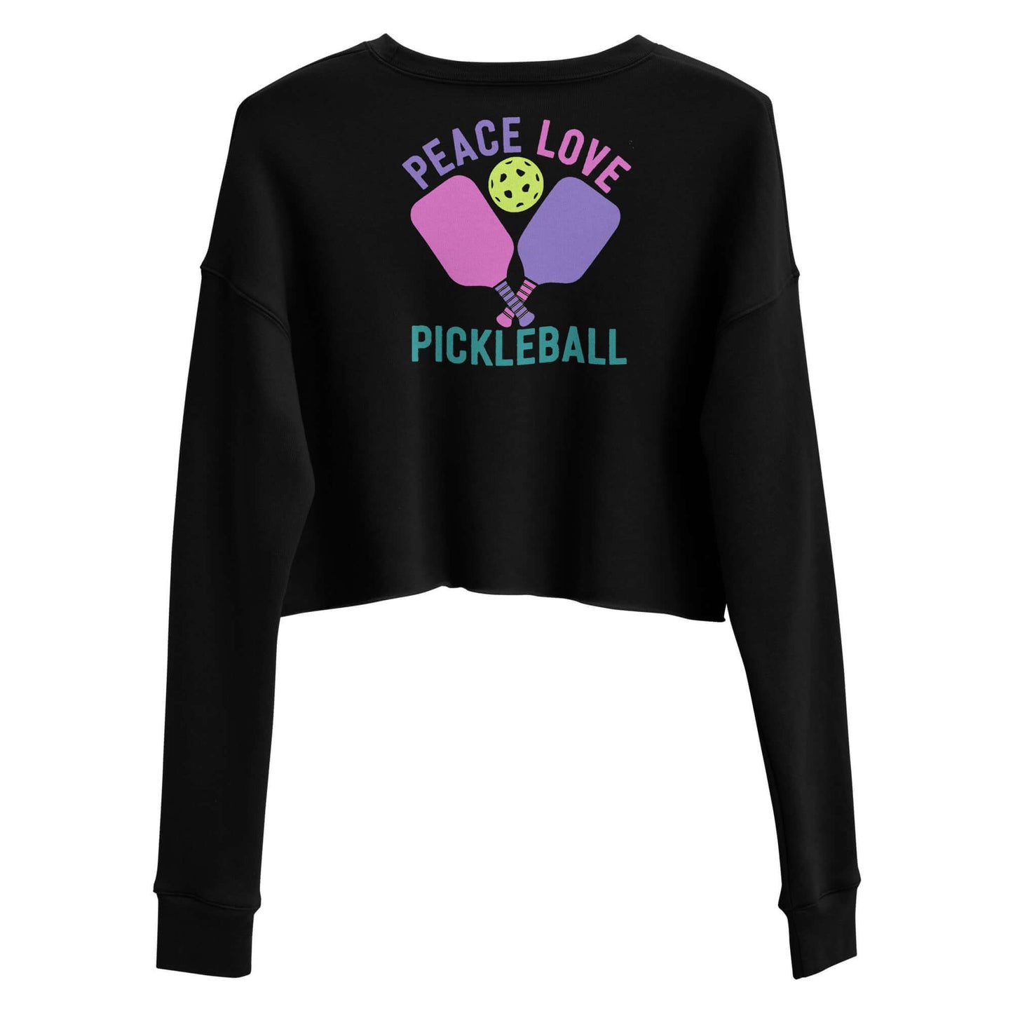 Women's black crop sweatshirt featuring 'Peace Love Pickleball' graphic design.