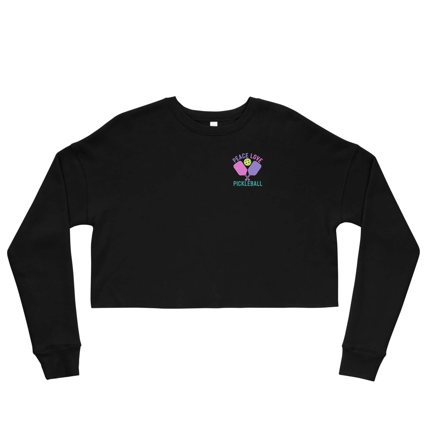 Women's black crop sweatshirt featuring 'Peace Love Pickleball' graphic.