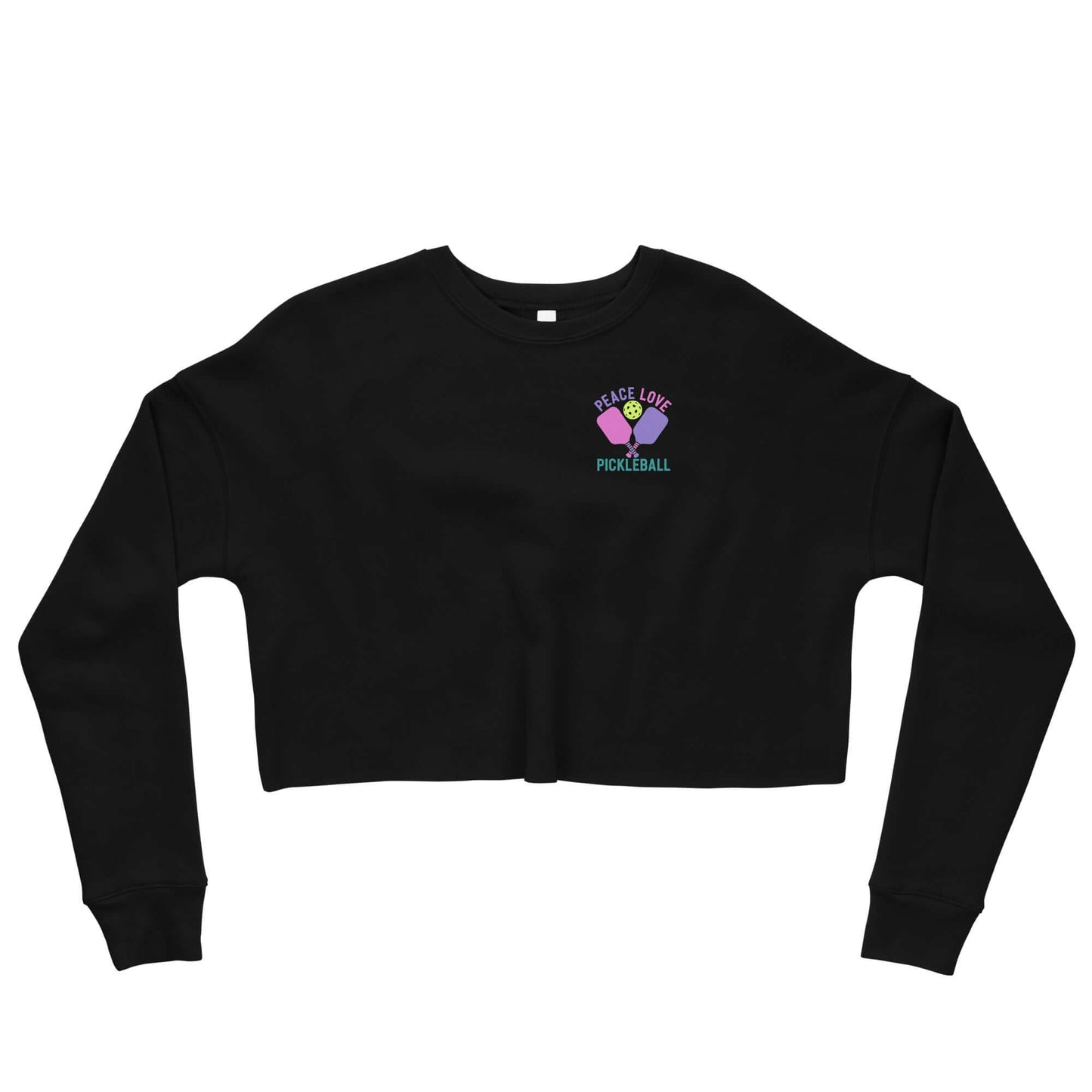 Black Women's crop sweatshirt featuring 'Peace Love Pickleball' logo, perfect for pickleball fans.
