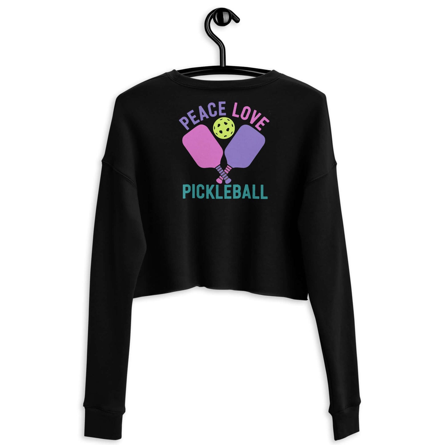 Women's black crop sweatshirt with 'Peace Love Pickleball' graphic design.