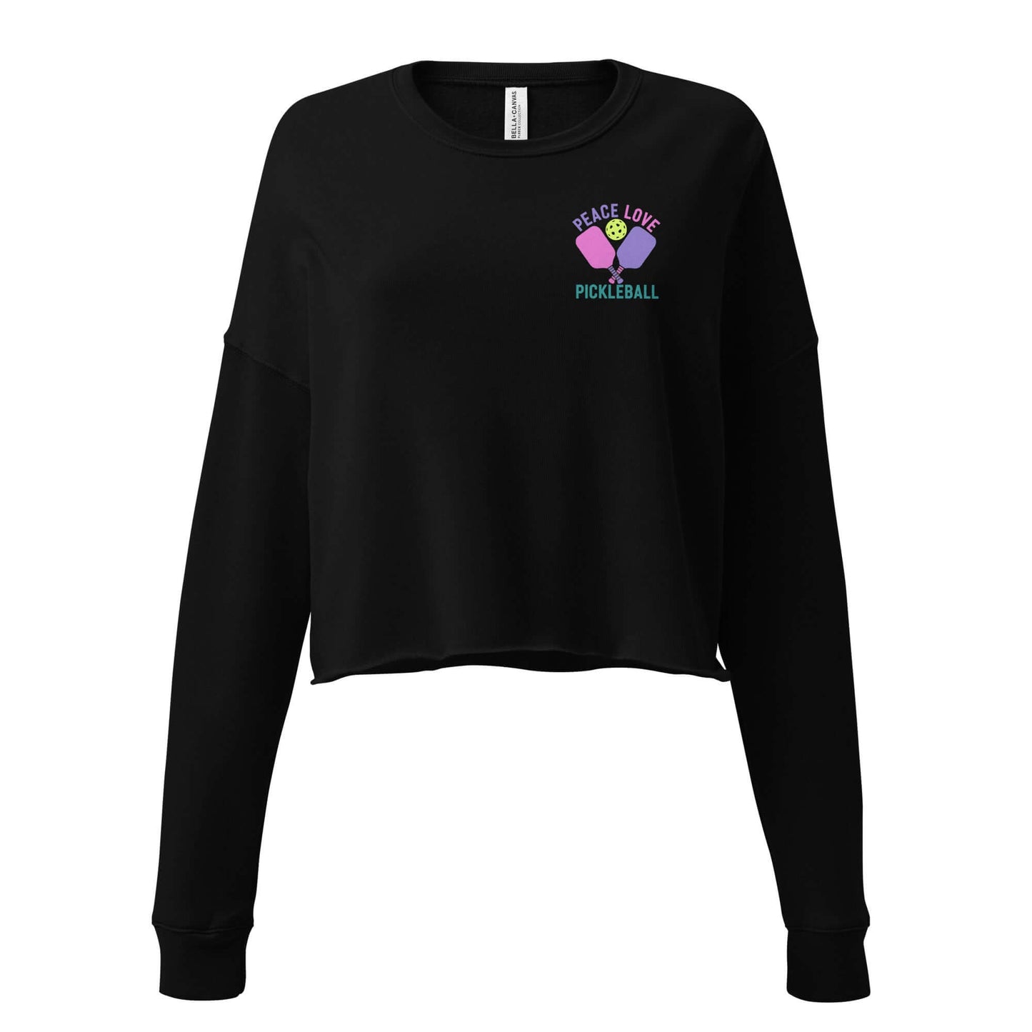 Women’s Peace Love Pickleball Crop Sweatshirt in black with stylish design, perfect for casual wear or pickleball.