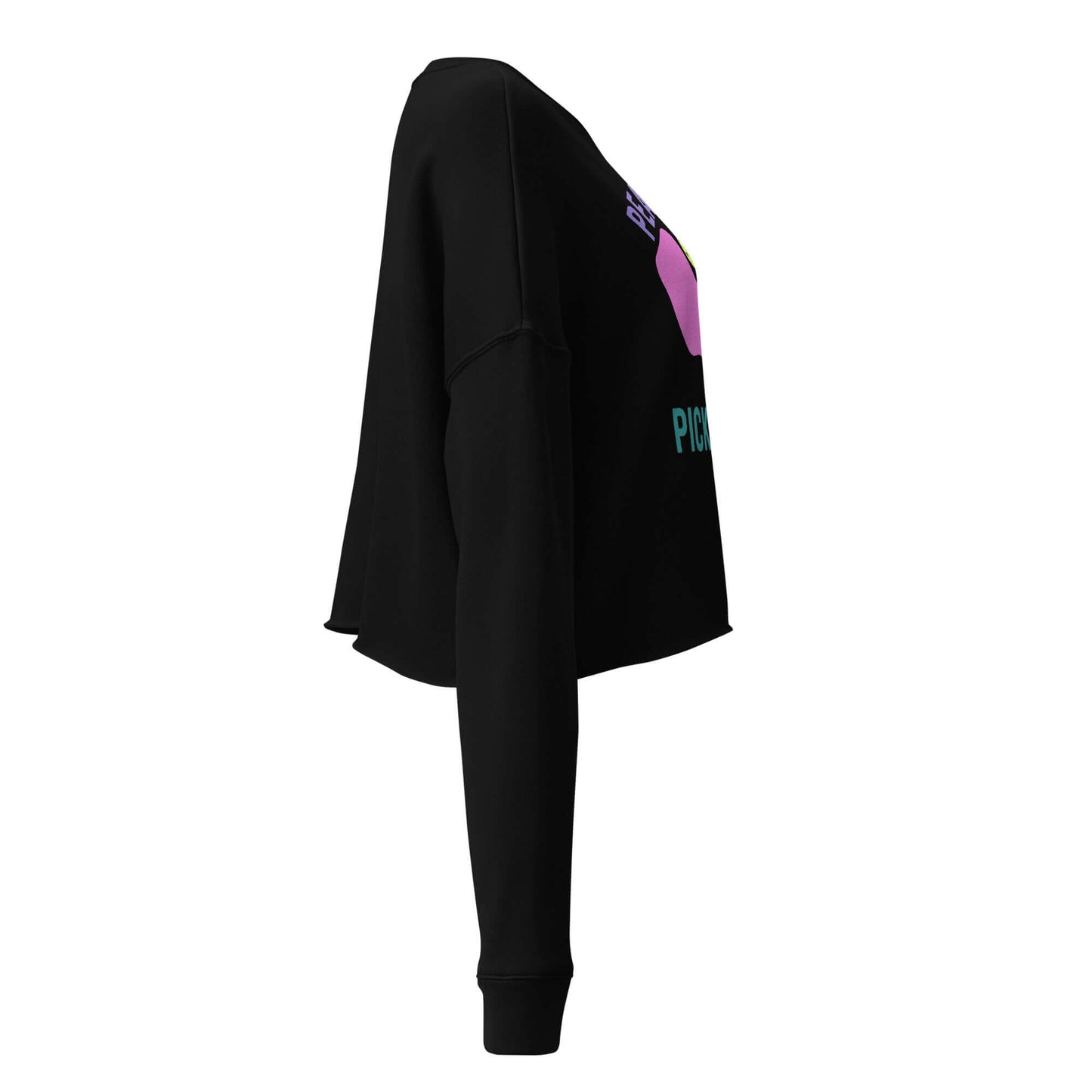 Side view of Women's Peace, Love, Pickleball Crop Sweatshirt in black, featuring colorful pickleball-themed design.