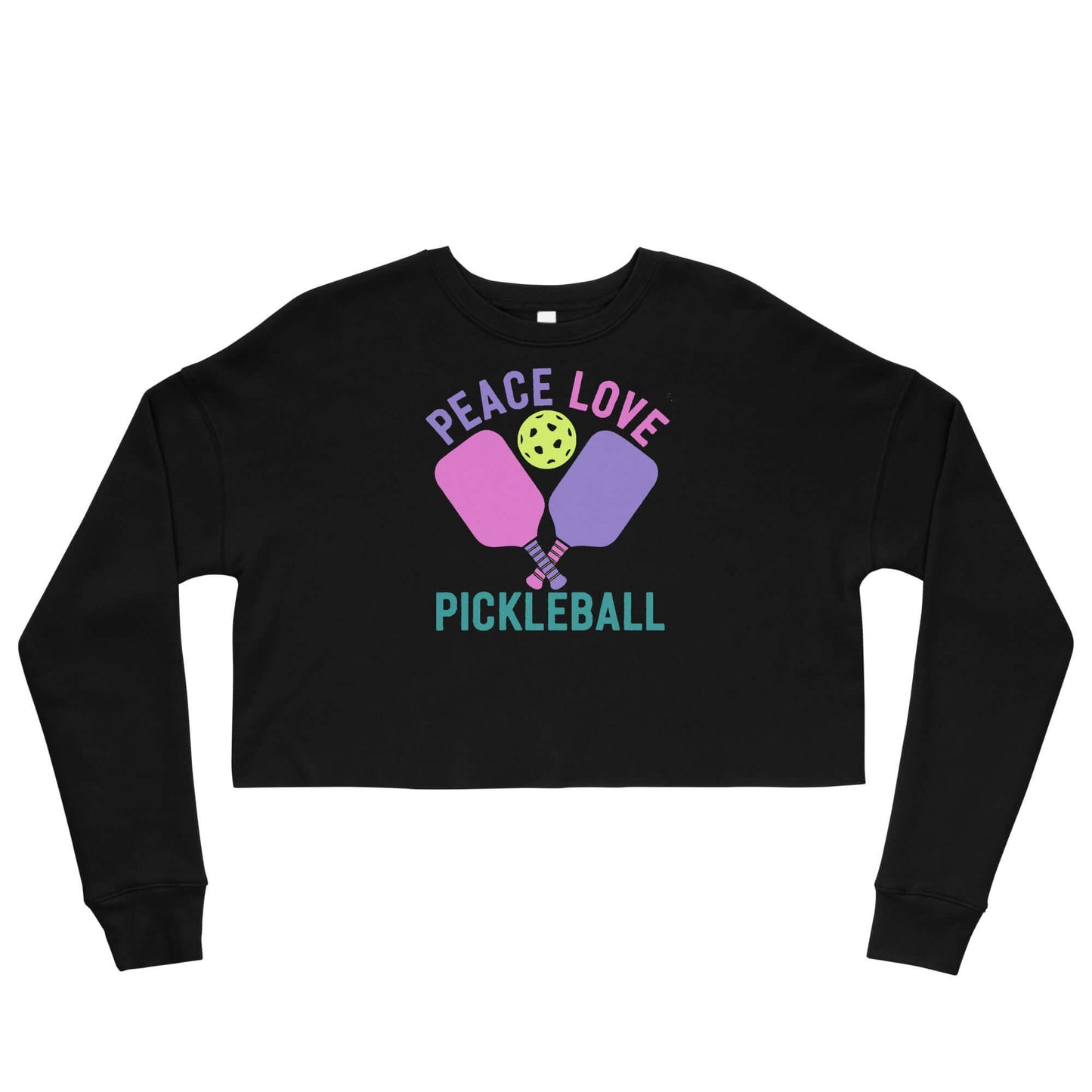 Women's black crop sweatshirt with 'Peace, Love, Pickleball' graphic design featuring paddles and a pickleball.