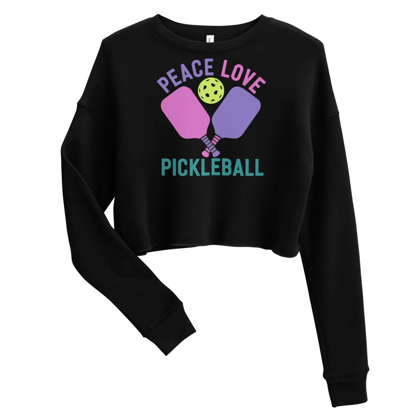 Women's black crop sweatshirt with 'Peace Love Pickleball' graphic design featuring paddles and a ball.