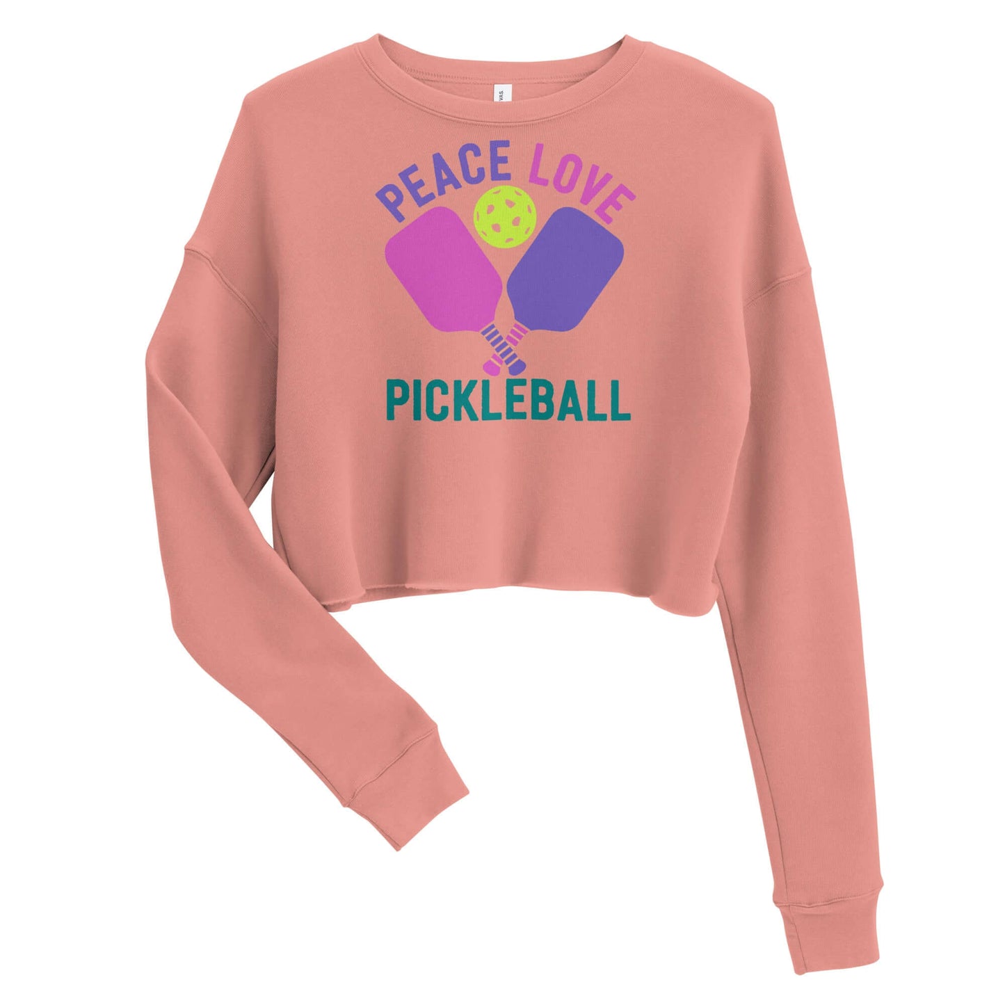 Women's crop sweatshirt featuring 'Peace Love Pickleball' design, perfect for stylish pickleball enthusiasts.