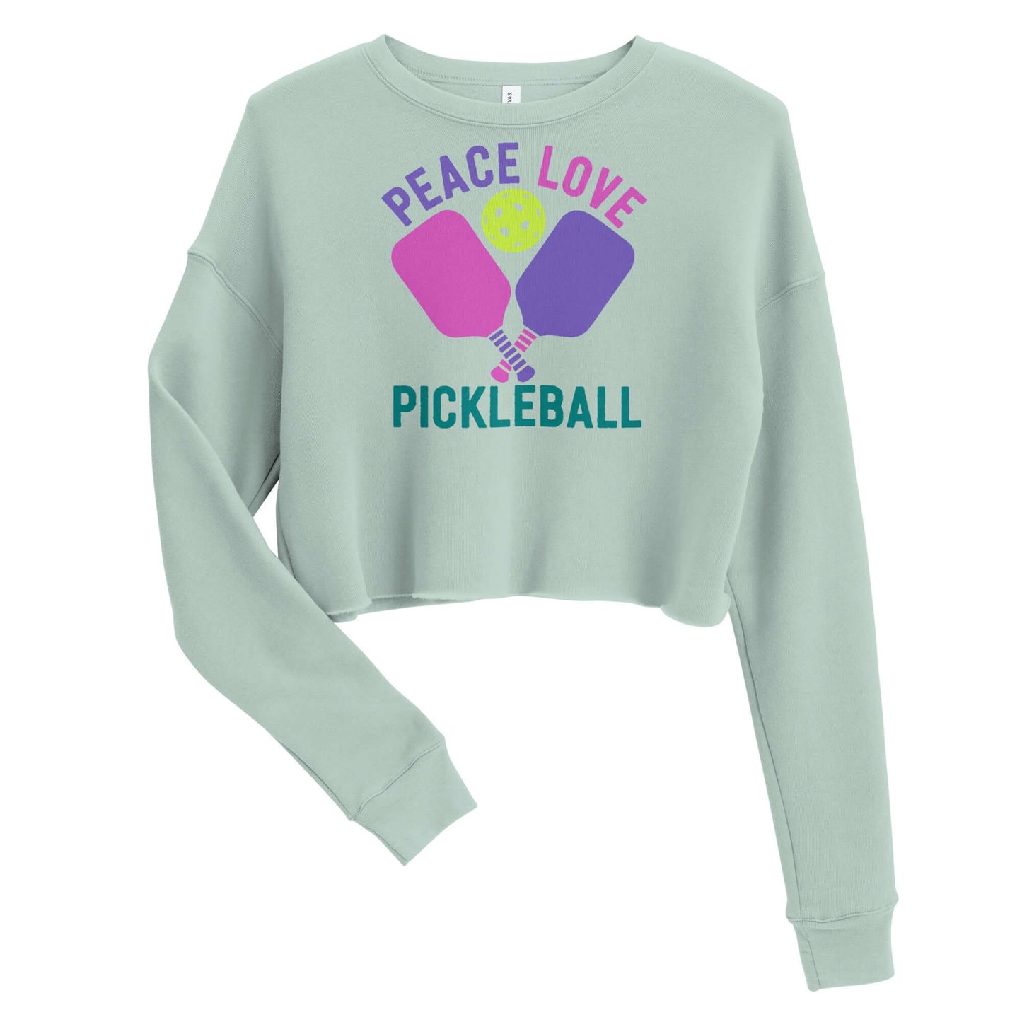Women's crop sweatshirt featuring 'Peace, Love, Pickleball' design in green, perfect for stylish pickleball enthusiasts.