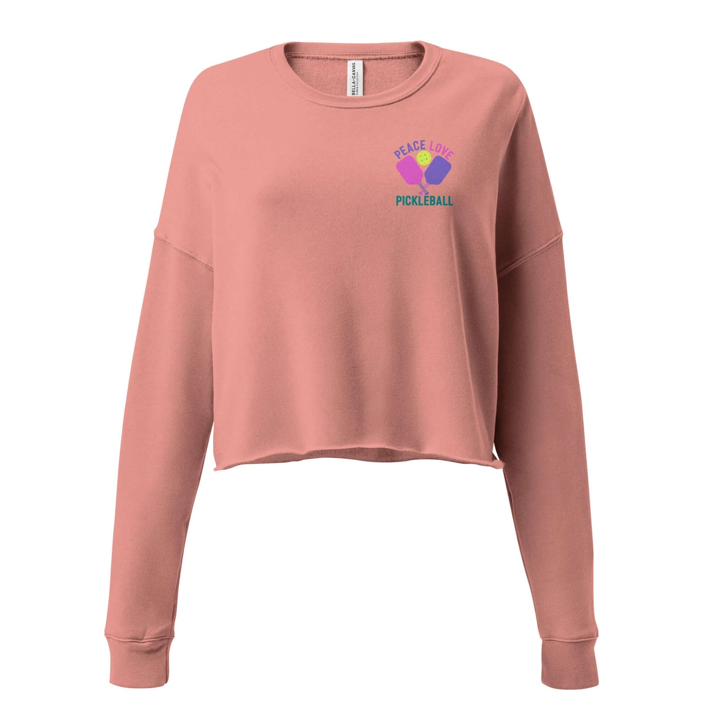 Women's cropped sweatshirt featuring 'Peace, Love, Pickleball' design in soft peach color.